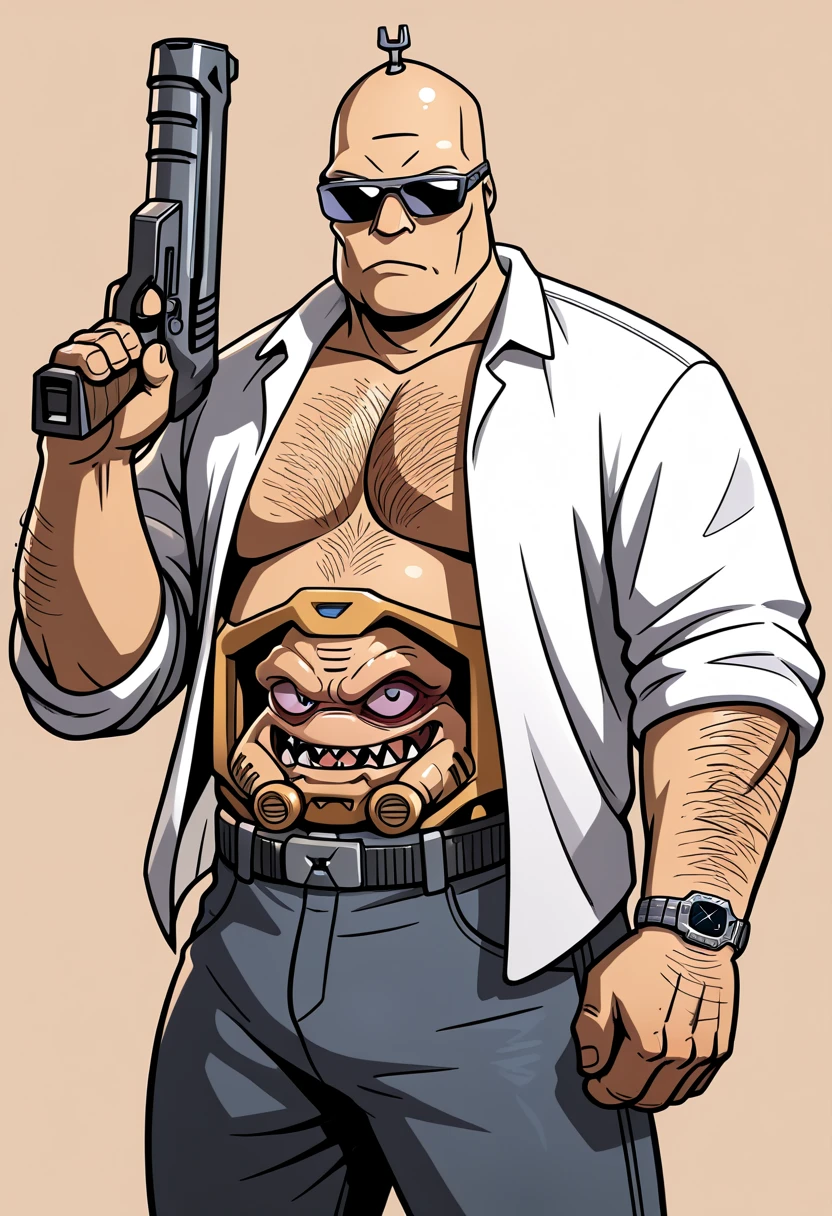 best quality, krang_android, joints, male focus, sunglasses, shirt, bald, solo, holding gun, wristwatch, white shirt, watch, cowboy shot, open shirt, pants, chest hair, arm hair, 1man, simple background, gta style, big monster in tummy