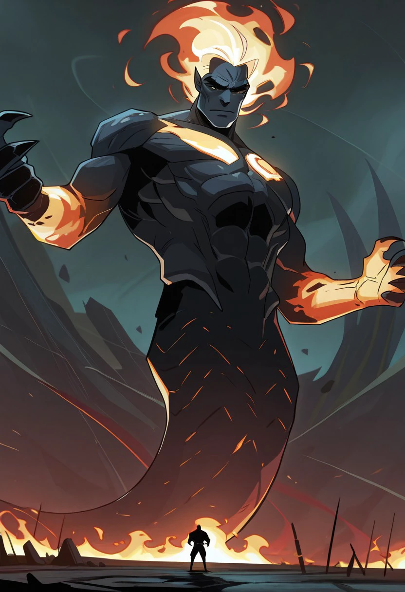 masterpiece, best quality, newest, absurdres, highres, HadesCharacterArtstyle-IL-V1.0, 1boy, FireelementalIL.V1-male, LivingFlameIL.V1.0-male, monster, monster boy, giant,