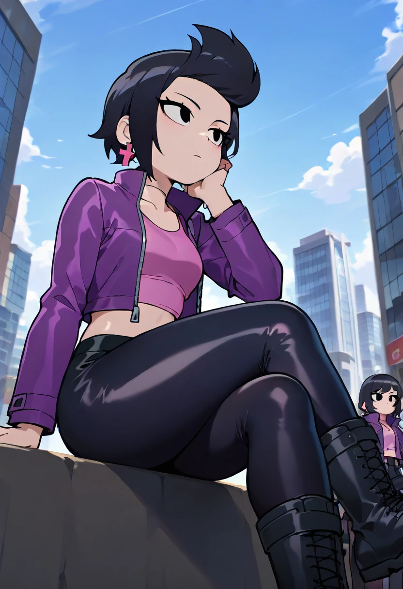 masterpiece, high quality, absurdres, best quality, very aesthetic, newest,
scottp, sketch, anime coloring, sitting, crossed legs, from below, thicc thighs, city, outdoors,
bibiBS, 1girl, solo, black hair, front quiff, black eyes, cross earrings, purple jacket, crop jacket, crop top, pink top, midriff, black leggings, black boots