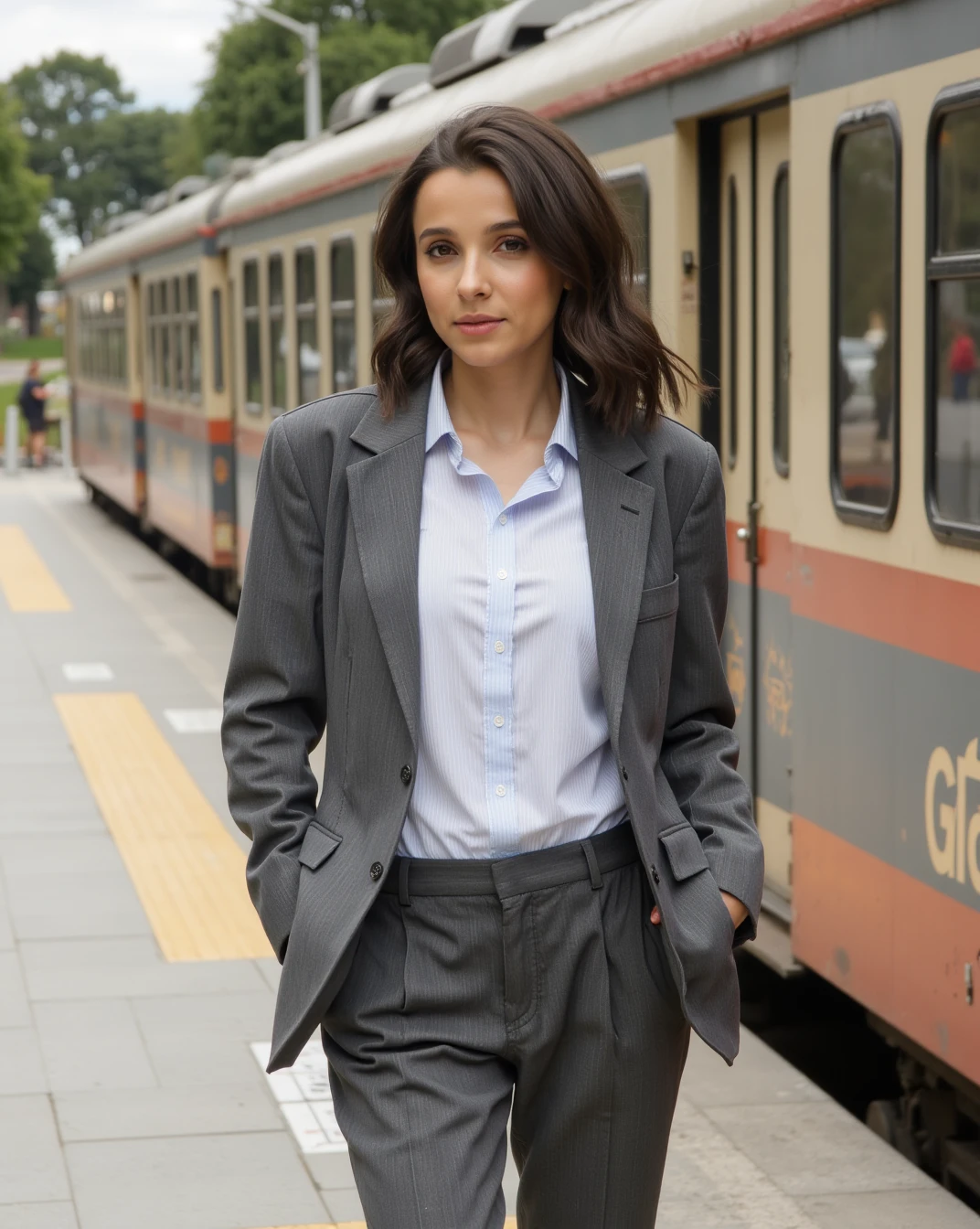 photoshoot of Carla Fernandes, formal suit, at the station, medium shot.