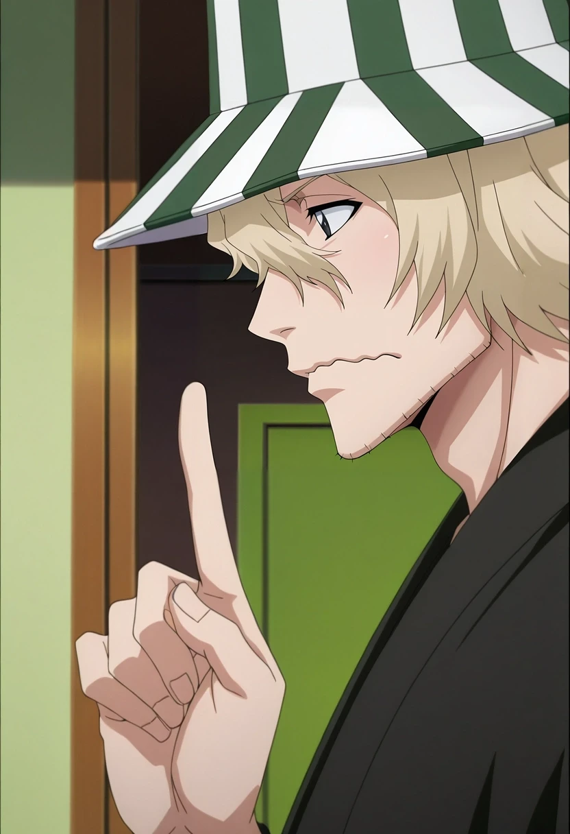 masterpiece, best quality, intricate details, anime screencap, anime coloring, , , 1boy, solo, male focus, <lora:kisuke_urahara_ilxl:0.96>, kisuke_urahara, blonde hair, black eyes, short hair, hair between eyes, facial hair, stubble, hat, from side, apartment, noon, index finger raised, wavy mouth,