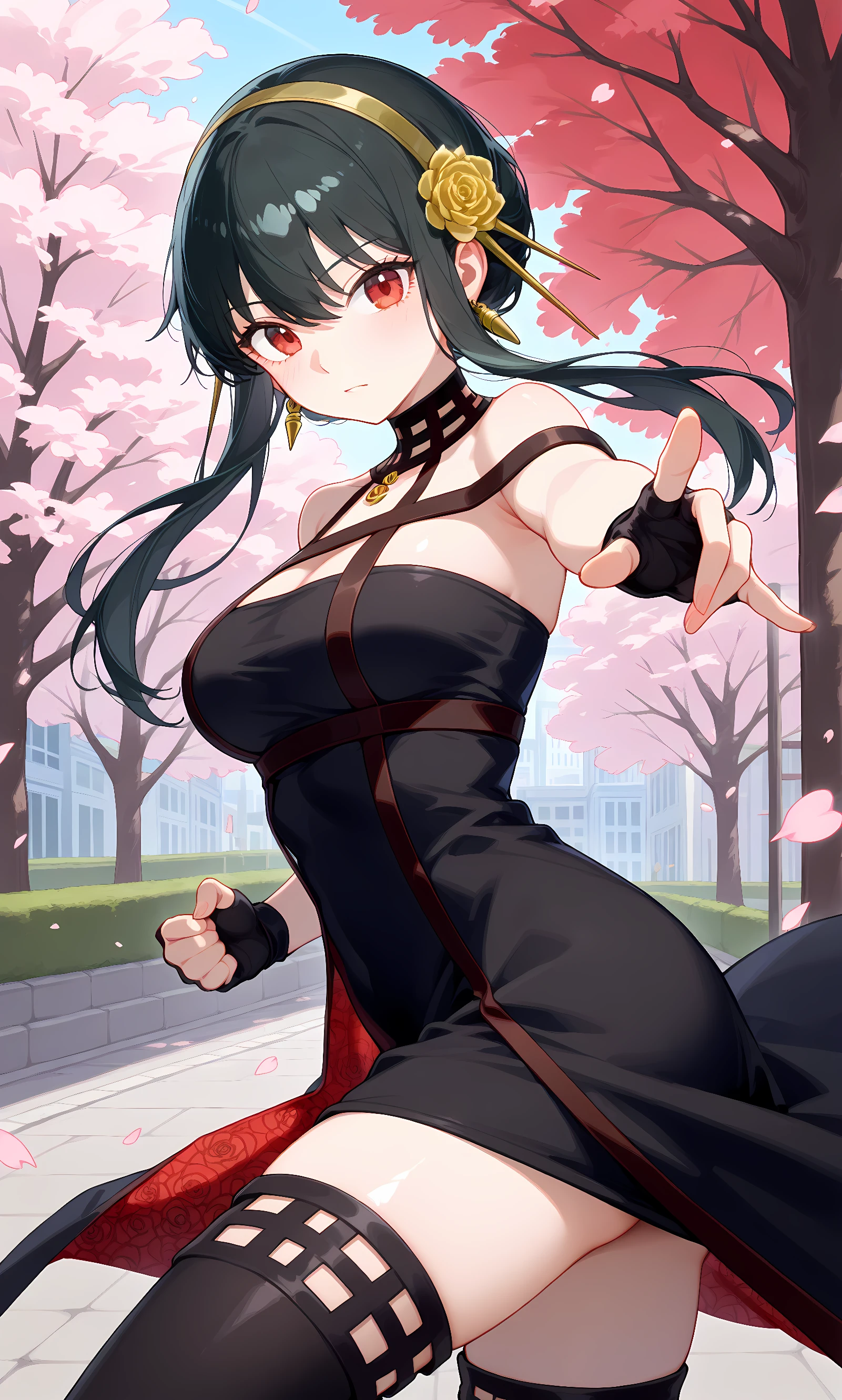 score_9, score_8_up, score_7_up, source_anime, 1girl, solo, outdoors, street, cherry blossoms, cowboy shot, looking at viewer, shiny skin, close-up, yor briar, red eyes, black hair, short hair with long locks, sidelocks, gold earrings, gold hairband, rose, hair flower, black dress, two-sided dress, fingerless gloves, black thighhighs