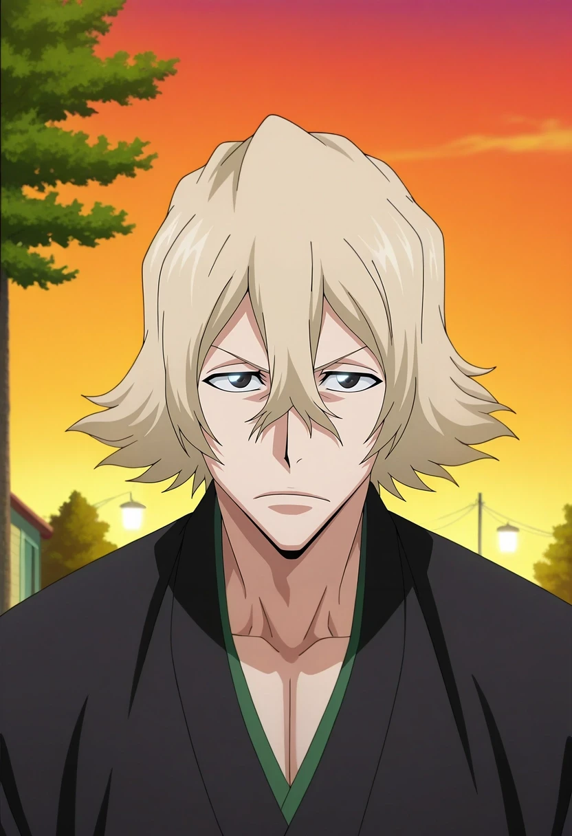 masterpiece, best quality, intricate details, anime screencap, anime coloring, official style, looking at viewer, 1boy, solo, male focus, <lora:kisuke_urahara_ilxl:0.92>, kisuke_urahara, blonde hair, black eyes, short hair, hair between eyes, , , suburban neighborhood, picket fences, tree-lined streets, glowing porchlights, walking pose, nostalgic expression, dusk,