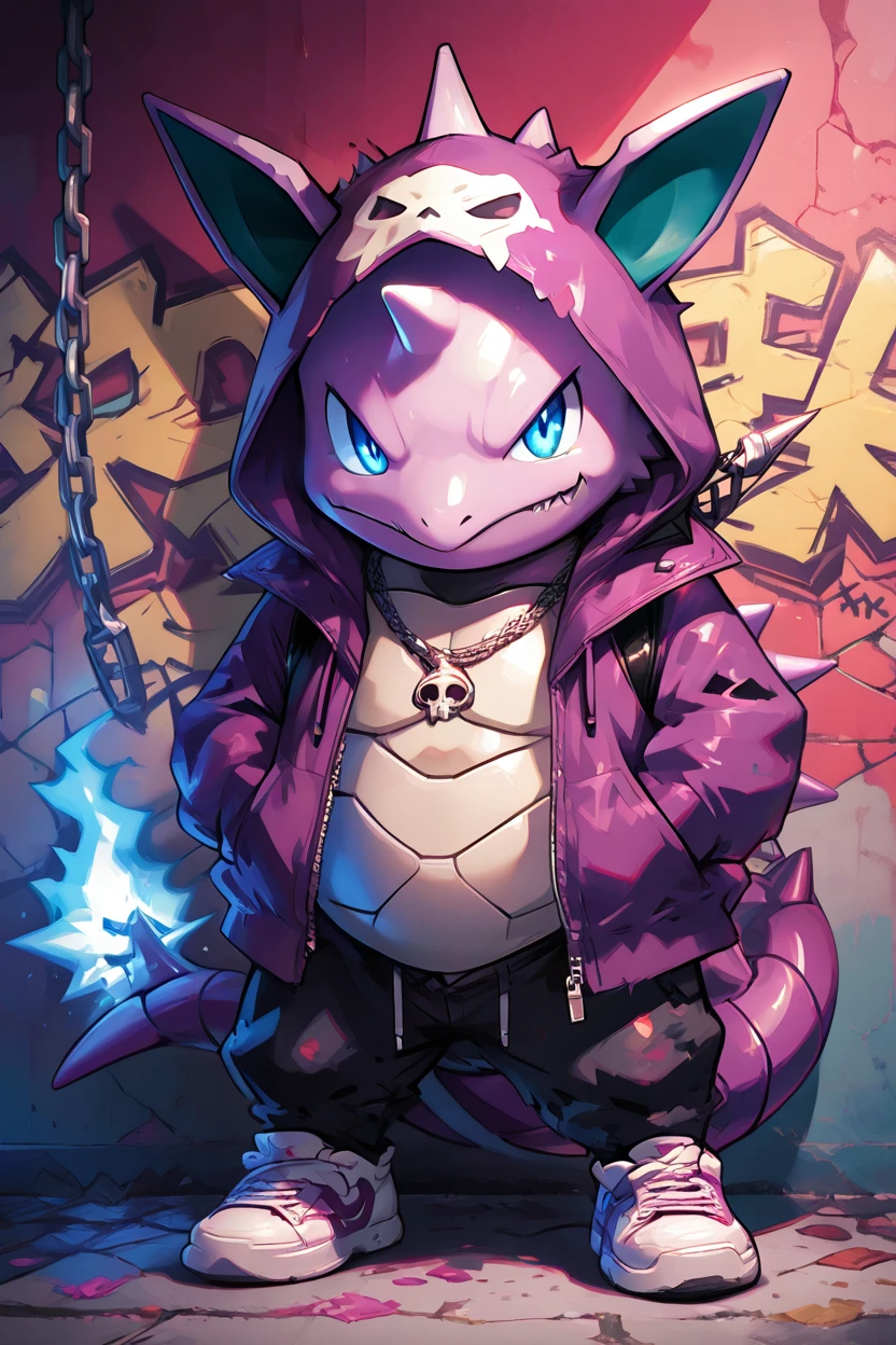 masterpiece, best quality,  Nidoking, single horn, claws, <lora:NidokingPokedexIXL:1.0>, solo, looking at viewer, glowing blue eyes, long sleeves, standing, jacket, full body, open clothes, hood, no humans, hoodie, sneakers, hooded jacket, hood up, zipper, zipper pull tab, graffiti, spikes, chain necklace, character print, glowing claws  ,<lora:PunkPokemonIXL:1.0>,