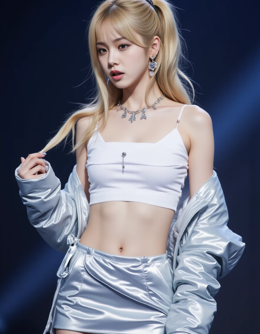 detailed photo of a young woman.  kpop girl posing sexy on stage. She has black long ponytail hair without bangs.  <lora:cw-easy-flux-000012:1> cweasy, silver jacket and skirt.   <lora:KimYeon-Flux:1> young asian girl, skinny body, long blonde hair,