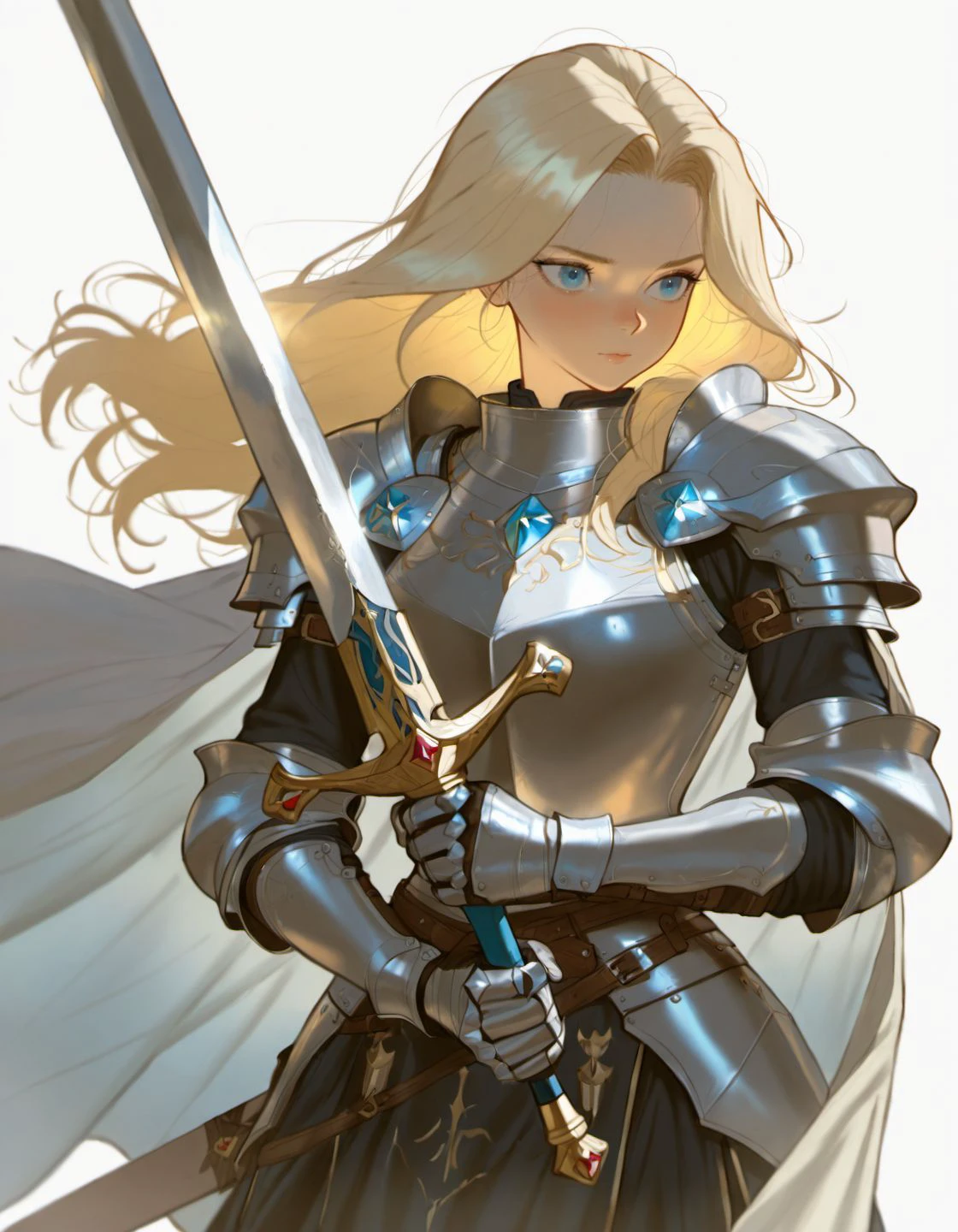 <lora:amano_yoshitaka_xl:1.2> by amano yoshitaka, a female knight in armor, ((thigh gap, pantyhose)), high ponytail, platinum blonde hair, intricate detail, amazing quality, Illustration, wallpaper, official art, burnished silver, ((masterpiece, best quality)), upper body, navel