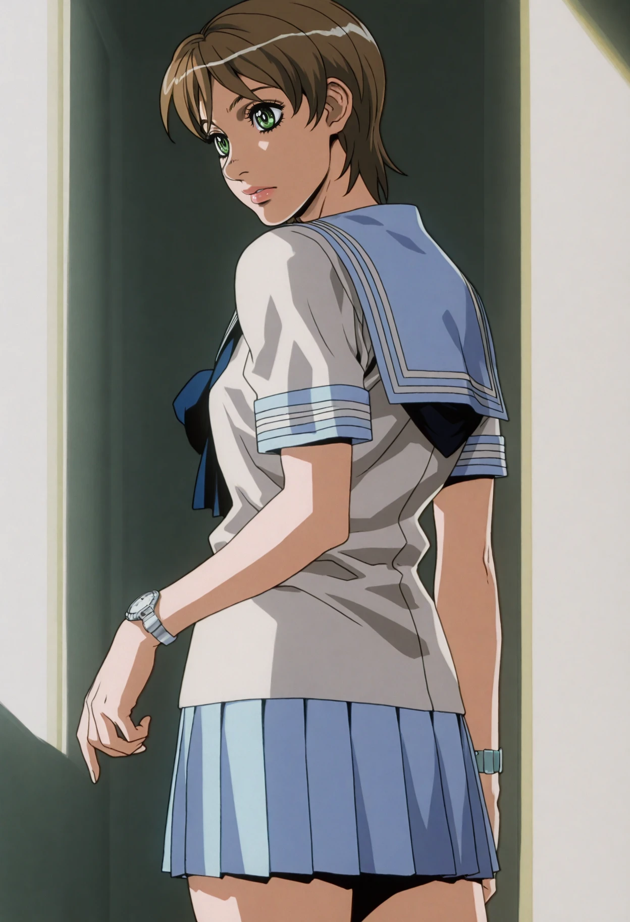 <lora:EscaflowneMovieILXL:1> 3scafl0wn3m,
1girl, solo, school uniform, serafuku, short hair, skirt, brown hair, watch, wristwatch, green eyes, masterpiece, best quality, amazing quality, intricate detail, highly detailed, absurdres,