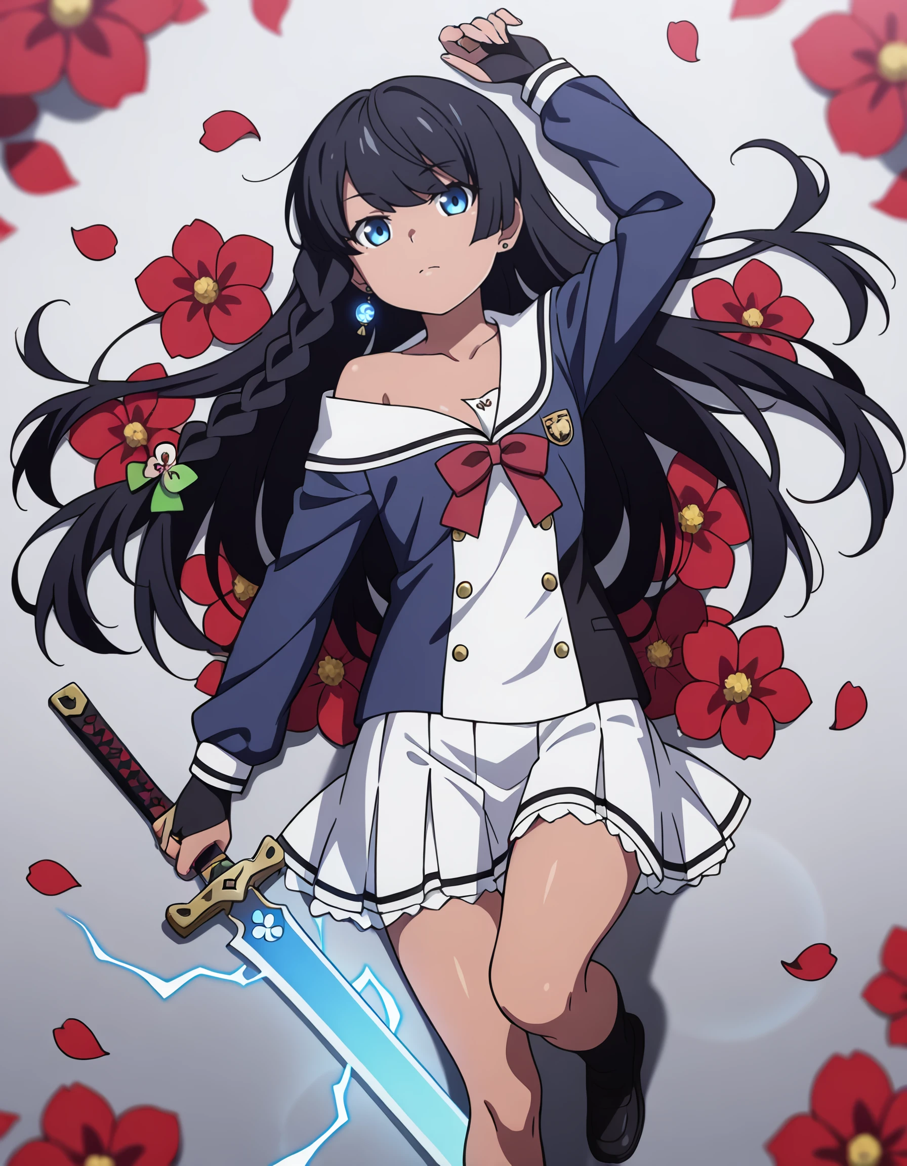 <lora:taiga_sengoku_IL:1> rating:safe, taiga_sengoku, flat_chest, dark_skin, long_hair, black_hair, single_braid, green_bow, hair_bow, blue_eyes, school_uniform, white_sailor_collar, blue_jacket, long_sleeves, red_bow, pleated_skirt, white_skirt, black_socks, black_footwear, 1girl, arm_up, blurry, bridal_gauntlets, cleavage, closed_mouth, depth_of_field, earrings, electricity, falling_petals, flower, from_above, from_side, glowing, glowing_sword, glowing_weapon, grey_background, holding, holding_sword, holding_weapon, jewelry, looking_at_viewer, looking_to_the_side, lying, mitsudomoe_\(shape\), off_shoulder, on_back, petals, red_flower, reflection, shadow, single_earring, solo, sword, tomoe_\(symbol\), weapon, lens_flare, floating_hair, floating_clothes, masterpiece, detailed, best_quality