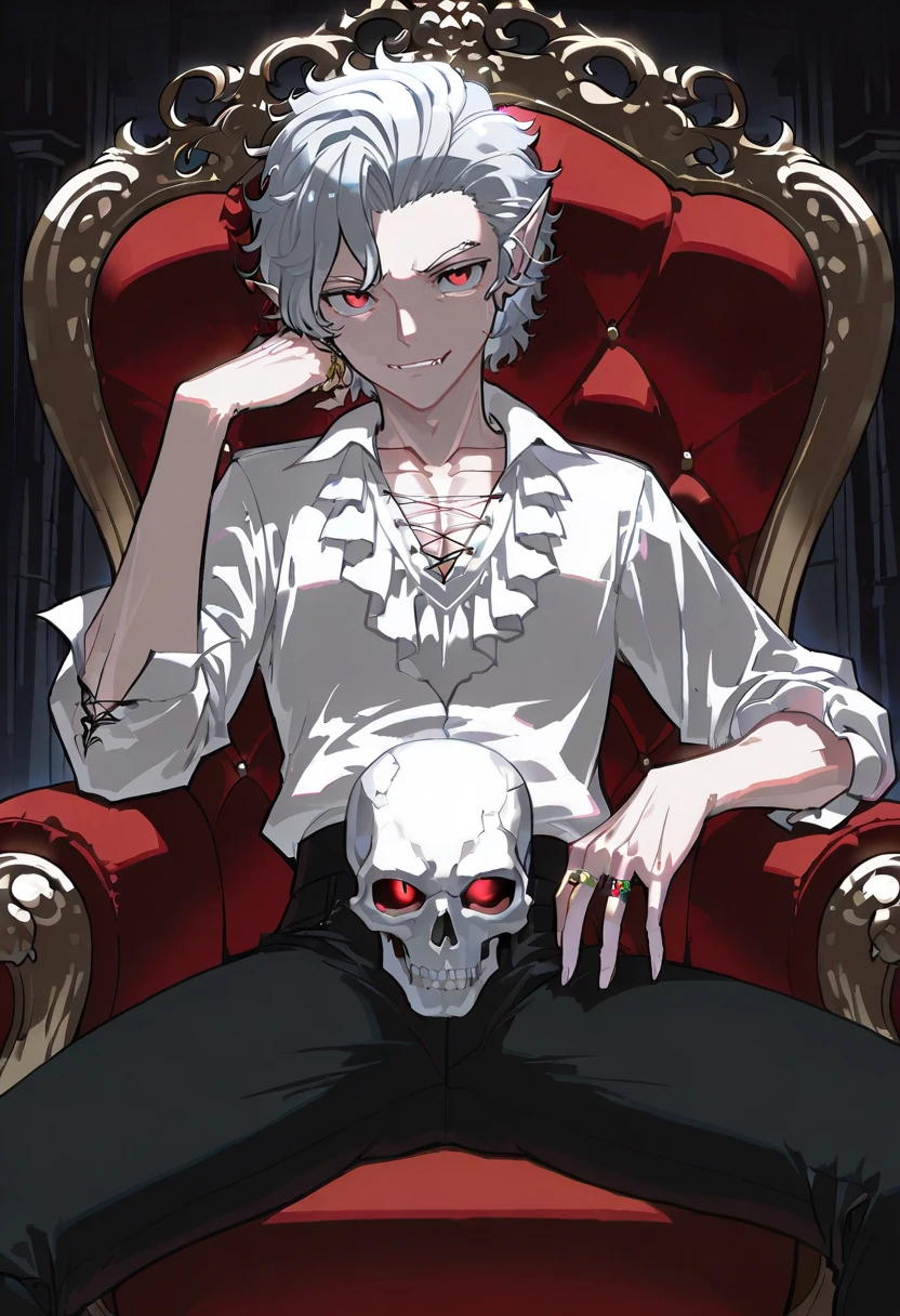 astarion, red eyes, 1boy, male focus, vampire, pointy ears, solo,  fangs, mole, sitting, skull, smile, ring, looking at viewer, grey hair, throne, pants, shirt, asteroid ill