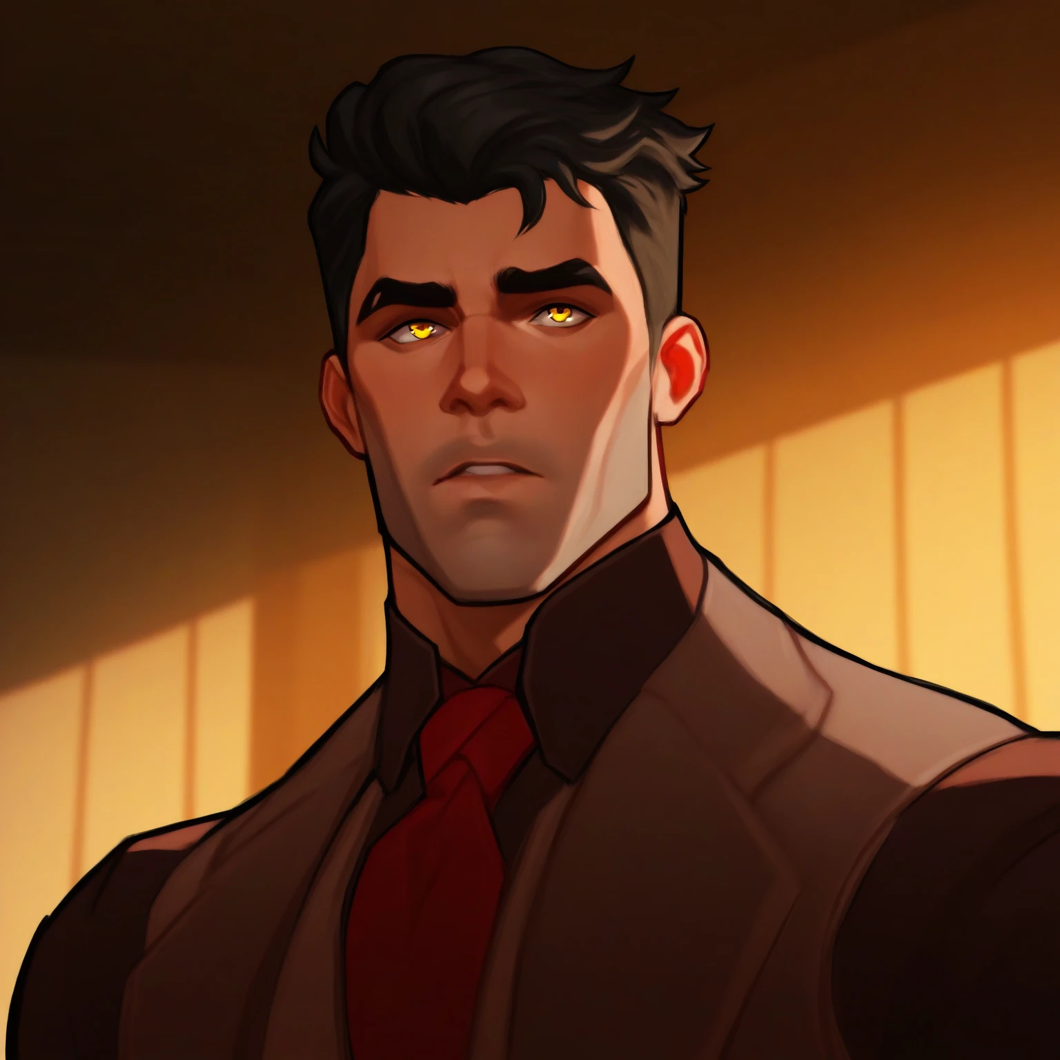 masterpiece, best quality, newest, absurdres, highres, 
male, (dizdoodz:.5), human, male, bara, jayce_t, short hair, black hair, yellow eyes, tie, upper body, indoors, solo