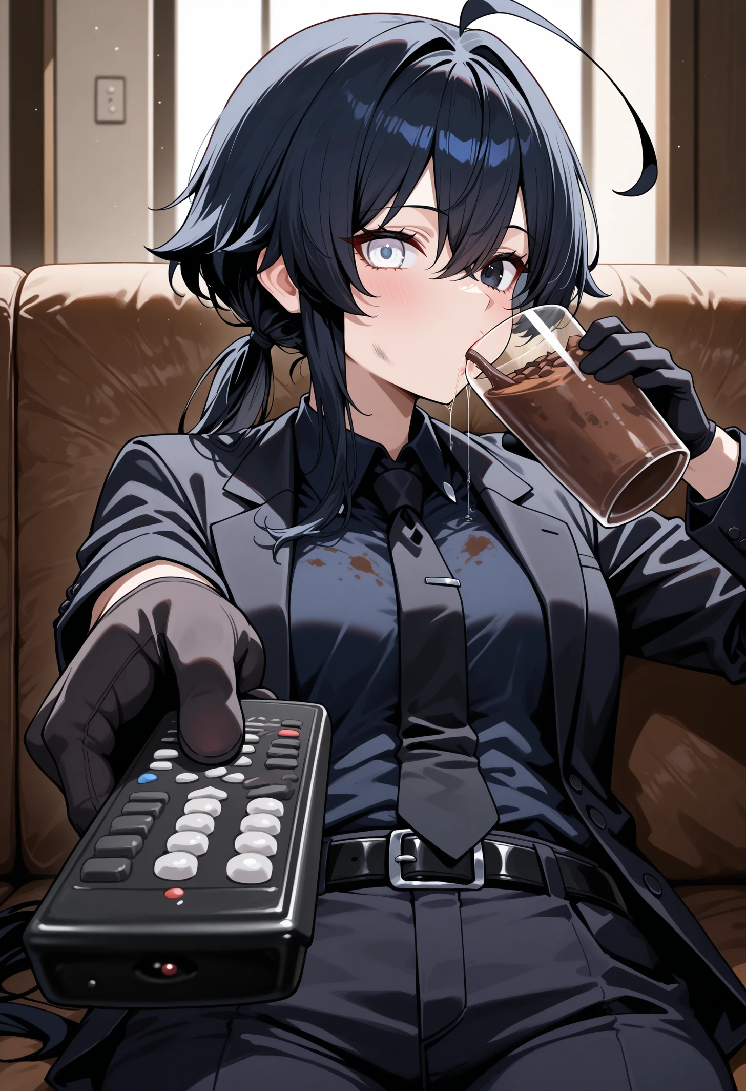 masterpiece, best quality, newest, absurdres, highres, 1girl, sitting, holding glass, hot chocolate, holding remote control, controller, on couch, drinking, looking at viewer, food,
<lora:ManWatchingTVMeme_illusXLNoobAI_Incrs_v1-000012:1>, saliva, dirty clothes, long hair, black hair, ahoge, hair between eyes, single sidelock, low ponytail, heterochromia, black eyes, white eyes, formal, black suit, black jacket, suit jacket, open jacket, long sleeves, black gloves, black shirt, collared shirt, black necktie, black pants, black belt,