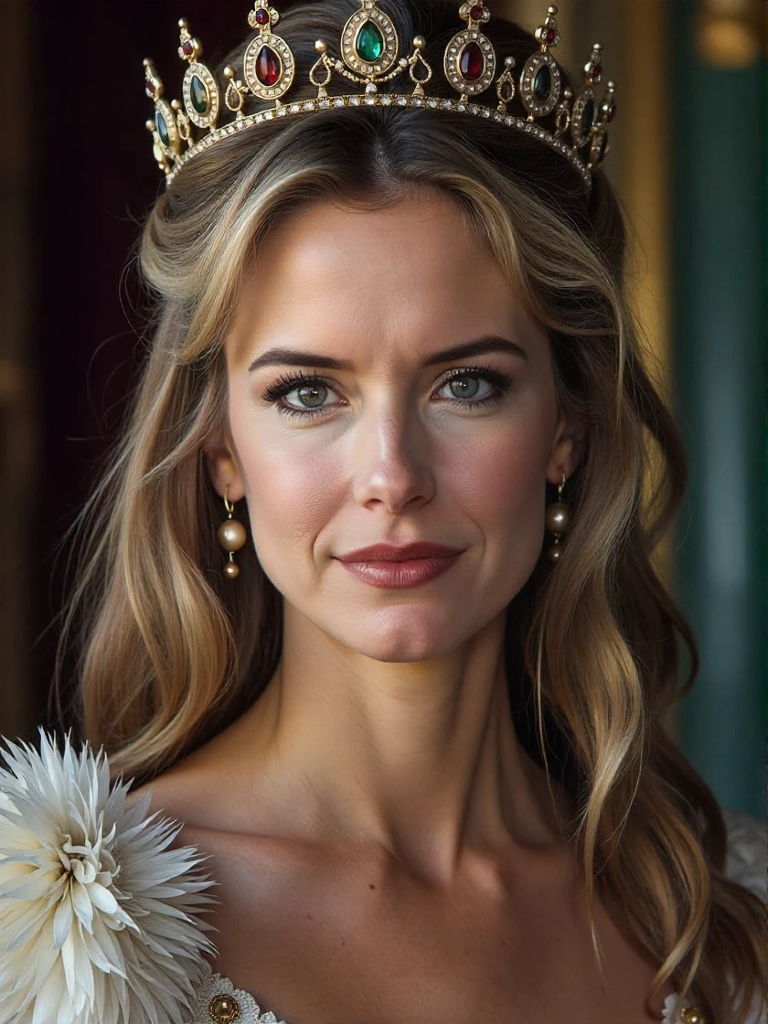 âââ<lora:Kelly_Preston_Ca1999:1> woman Queen, Regal Robe, Jeweled Crown, Scepter, Royal Elegance, Monarchial Presence <Lora:Zz_S_Fluxartis:0.5> A Highly Detailed Cinematic Photography.<Lora:Zz_S_Stylish_Lighting:0.5>., looking directly at the viewer, looking directly at the camera, making eye contact, looking straight ahead, an extremely charismatic and captivating smileâââ