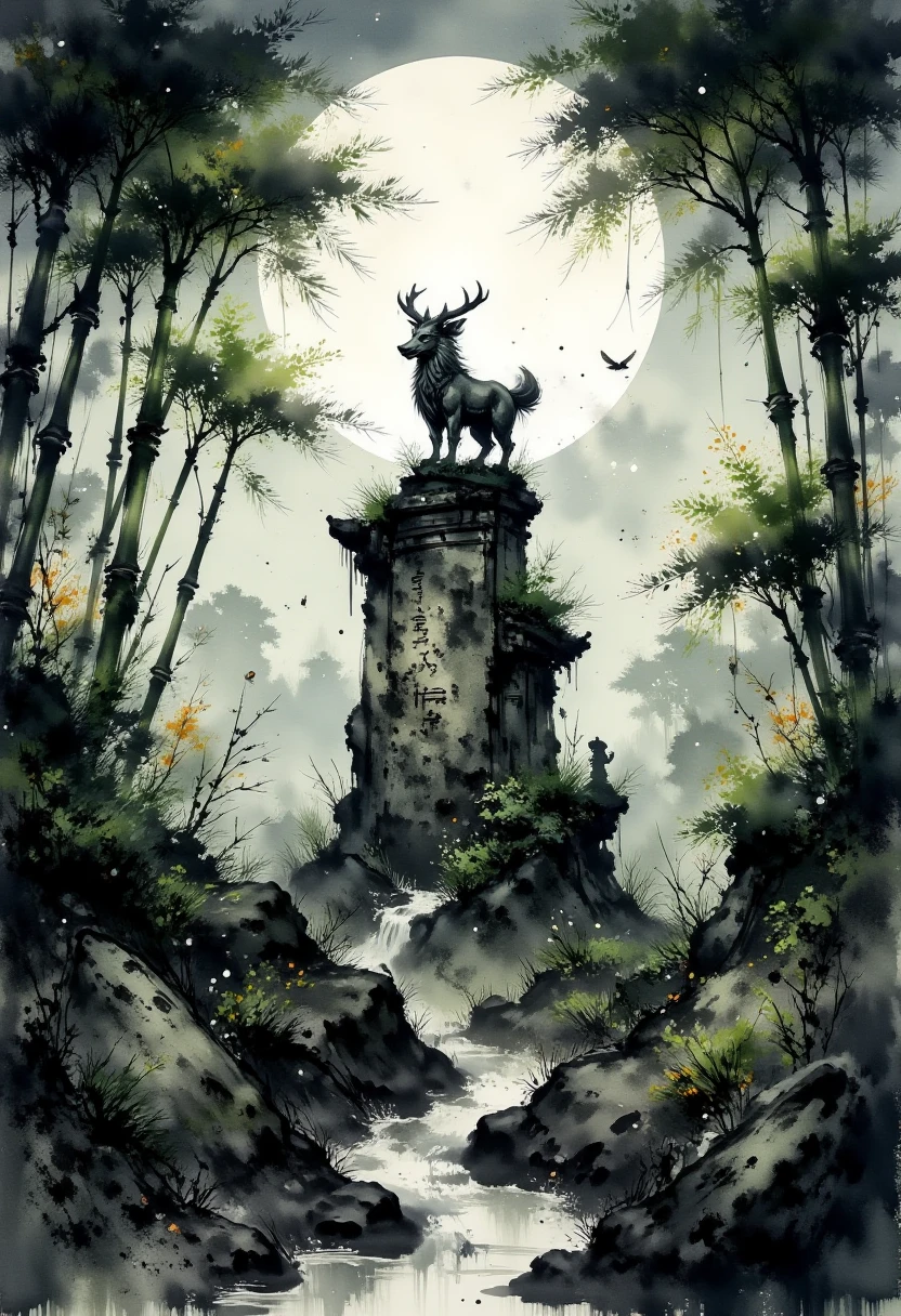 A towering stone statue of a mythical beast stands watch at the center of a serene bamboo grove, its weathered surface adorned with faintly glowing runes. The bamboo stalks rise tall and straight, their ink-brushed forms casting long, dramatic shadows under the light of a full moon. Pale green watercolor tones accent the leaves, which shimmer faintly in the cool night air. A shallow stream winds through the grove, its water reflecting the moon’s glow with gentle ripples. Fireflies dart around the statue, their tiny lights adding a sense of magic and life to the tranquil, sacred setting.