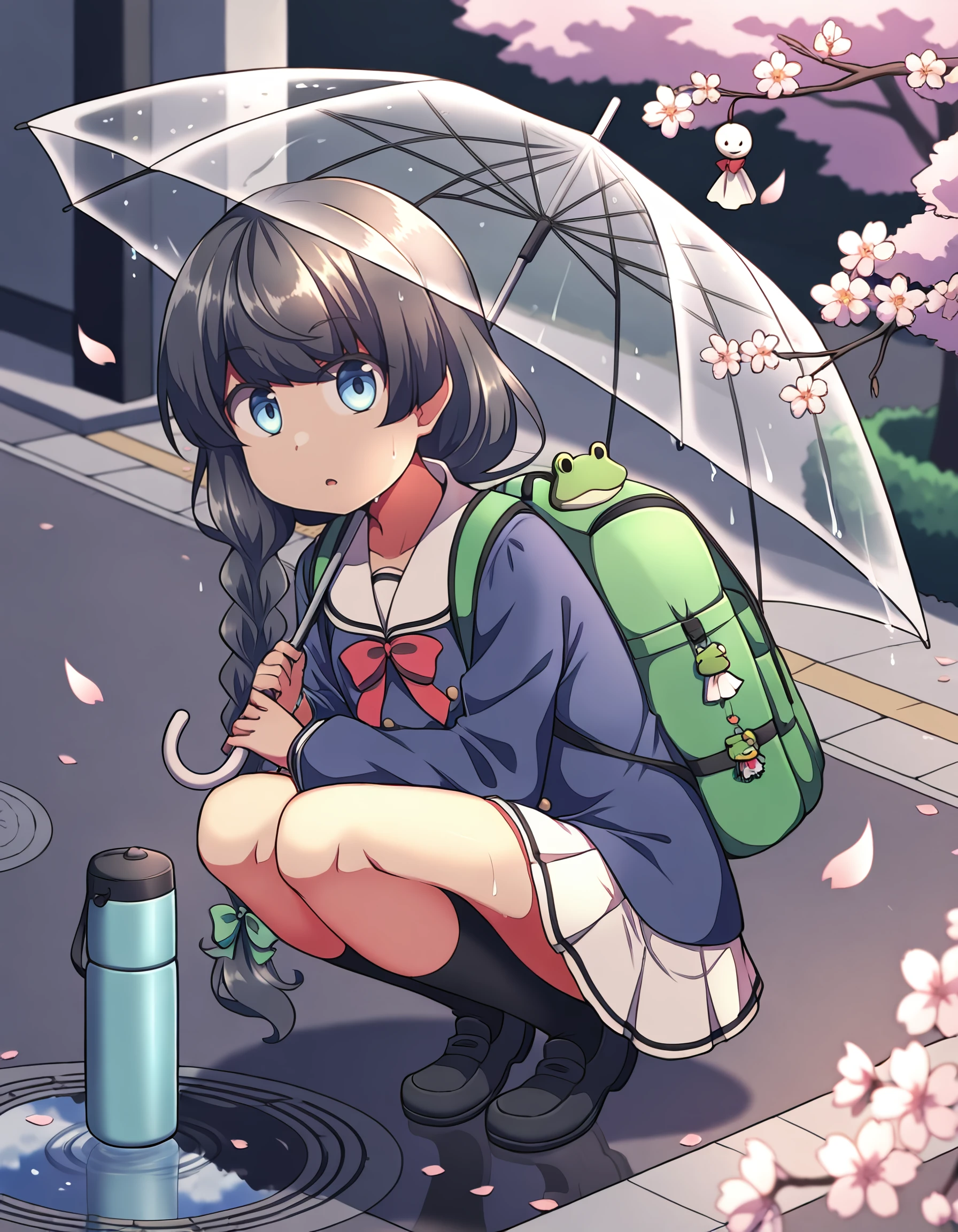 <lora:taiga_sengoku_IL:1> rating:safe, taiga_sengoku, flat_chest, dark_skin, long_hair, black_hair, single_braid, green_bow, hair_bow, blue_eyes, school_uniform, white_sailor_collar, blue_jacket, long_sleeves, red_bow, pleated_skirt, white_skirt, black_socks, black_footwear, 1girl, after_rain, backpack, bag, blurry, branch, character_charm, charm_\(object\), cherry_blossoms, depth_of_field, falling_petals, frog, from_behind, green_bag, holding, holding_umbrella, looking_at_viewer, looking_back, manhole_cover, outdoors, petals, pink_petals, puddle, raincoat, reflection, reflective_water, road, solo, squatting, street, teruterubouzu, thermos, transparent, transparent_umbrella, umbrella, wet, wide_shot, yellow_raincoat, lens_flare, floating_hair, floating_clothes, (kuromiya:1.3),, masterpiece, detailed, best_quality