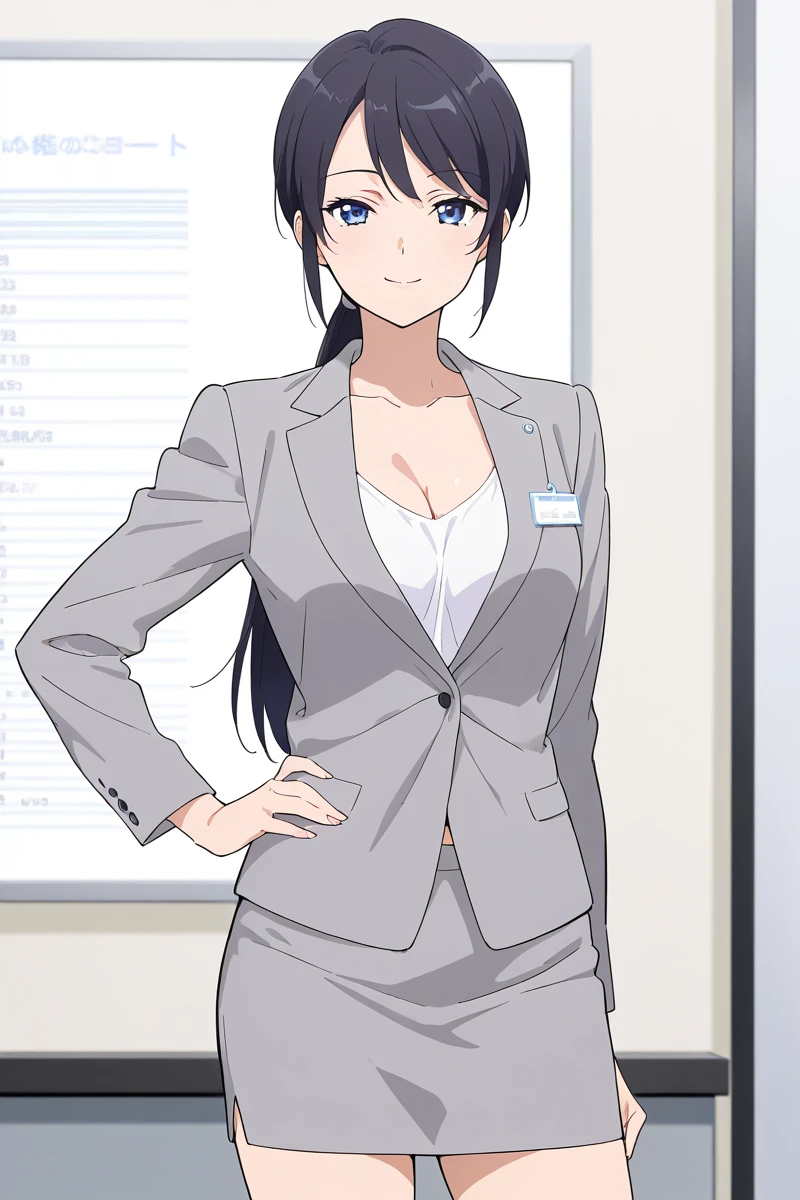 ameku mazuru, 1girl, solo, long hair, looking at viewer, smile, bangs, blue eyes, skirt, office background, shirt, black hair, long sleeves, jewelry, closed mouth, standing, jacket, cowboy shot, white shirt, ponytail, miniskirt, formal, suit,  grey skirt, pencil skirt, grey jacket, office lady, skirt suit, medium breast, cleavage , collarbone,  <lora:Ameku_Mazuru_ATSK_Illus:1>  <lora:HandFixer_pdxl_Incrs_v1:1> make up, hand on hips, seductive smile,