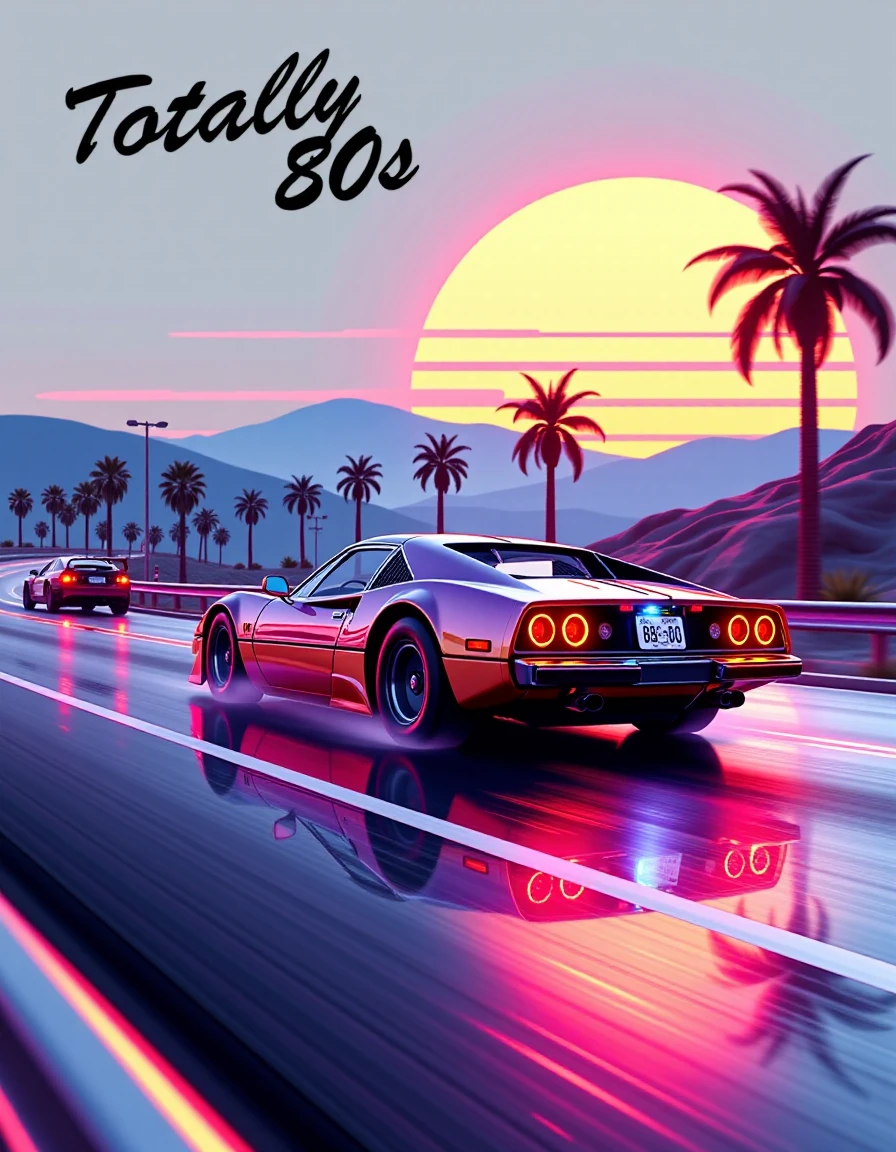 a cinematic film still 80s synthwave, retro-futuristic, a classic 1980s sports car speeding around a neon-lit curve on a highway, with glowing palm trees lining the road. Artistic Text Banner that says "Totally 80s", The scene is captured from a low-angle shot, emphasizing the sleek design and vibrant colors of the car, reflecting off the wet asphalt. The background features a neon sunset with horizontal lines, characteristic of the synthwave aesthetic, in vivid hues of pink, purple, and blue. The image is highly detailed with dramatic lighting, creating a sense of speed and motion. The artwork has a vaporwave vibe, combining retro and futuristic elements with bold, electric colors and a minimalist, sticker-like style on a white background. The atmosphere is surreal and cinematic, with sharp contrasts and intense glow effects, reminiscent of 80s digital art. This 3D render, illustration, is crafted with high resolution, capturing the essence of a synthwave cityscape in extreme detail and dynamic composition, raw, masterpiece, HDR, 8K, UHD, soft lighting, crisp, clear, cinematic lighting, highly detailed