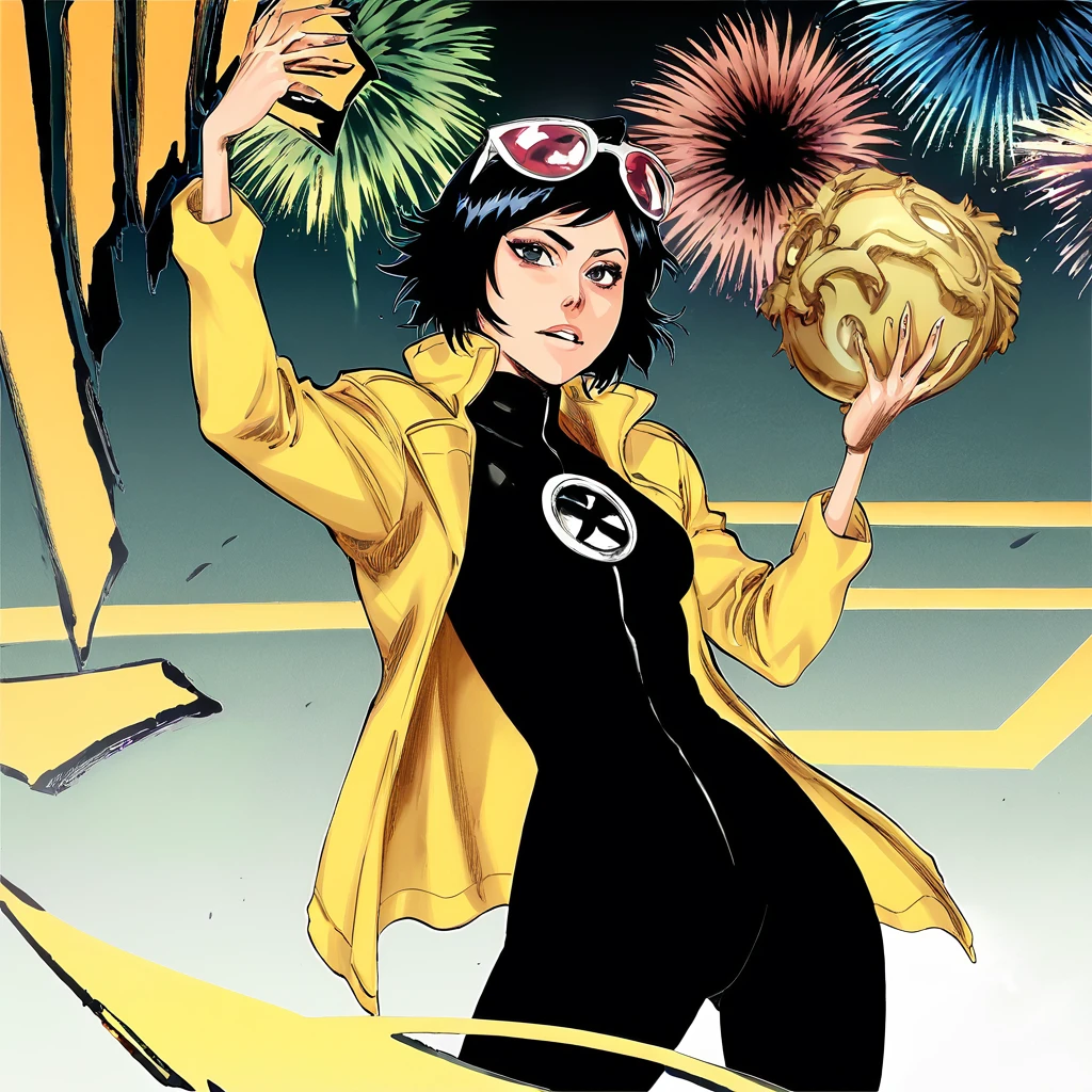 score_9s,score_8,core_8_up,, 1girl, cowboy shot, <lora:0002jubilee:0.95>, jubily , solo, black hair,yellow jacket, eyewear on head, googles , short hair, black bodysuit, explosive fireworks emitting from hands,black eyes, <lora:bleachcoloredmangaS:1>, stilblc