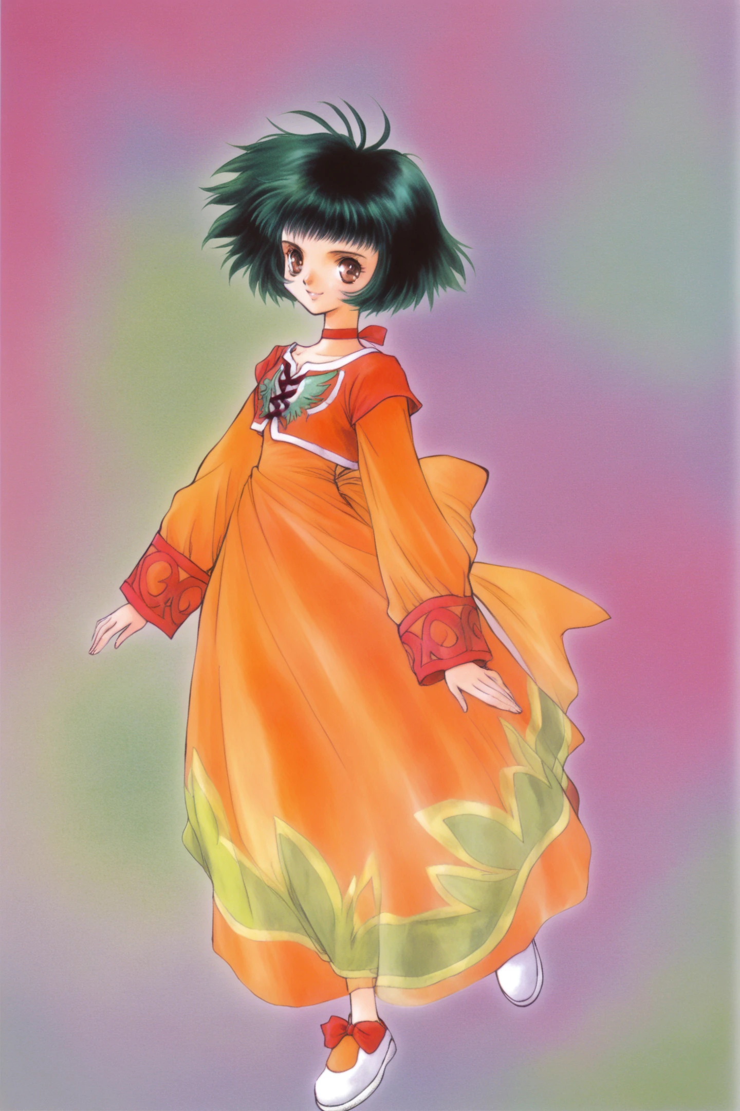 Farah Oersted(Tales of Eternia),1girl,solo,bow,choker,short hair,dress,back bow,red choker,orange dress,full body,black hair,smile,green hair,brown eyes,retro artstyle,1990s (style),shoes,waist bow,watercolor (medium),traditional media,
<lora:Inomata Mutsumi_illustriousXL:0.9>,