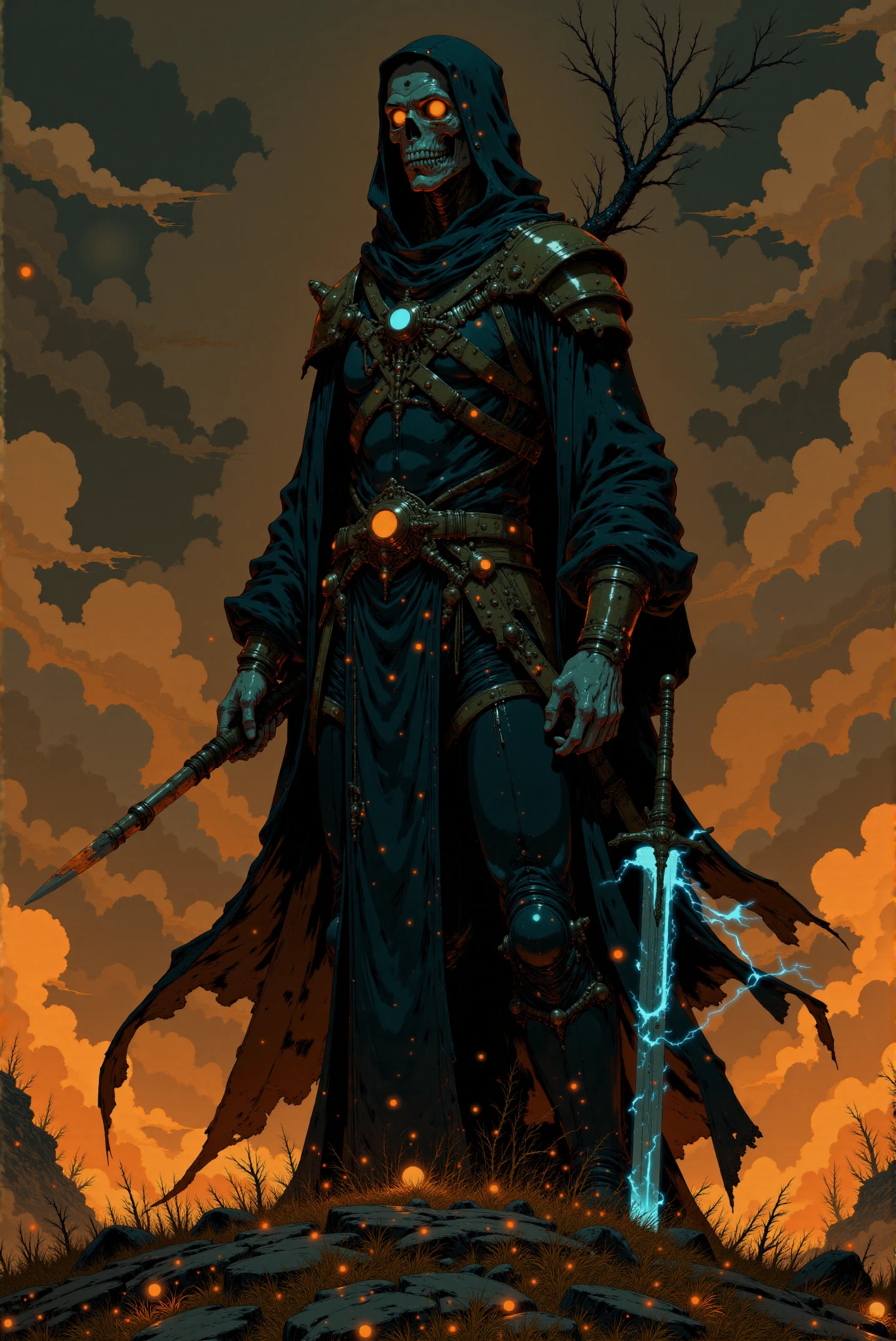 <lora:Fancha_style_v.5:0.90> Fancha style. A formidable, dark figure, likely a warrior or a sorcerer, standing in a dramatic, fiery landscape. The figure, draped in a dark, hooded robe that flows like a dark mist, has a skeletal face and glowing red eyes, giving an eerie, otherworldly appearance. The figure's hands are skeletal and gripping a sword with a glowing blue blade. The figure wears a dark, ornate outfit adorned with gold accents and a large, ornate medallion at the chest, suggesting a high status or powerful role.