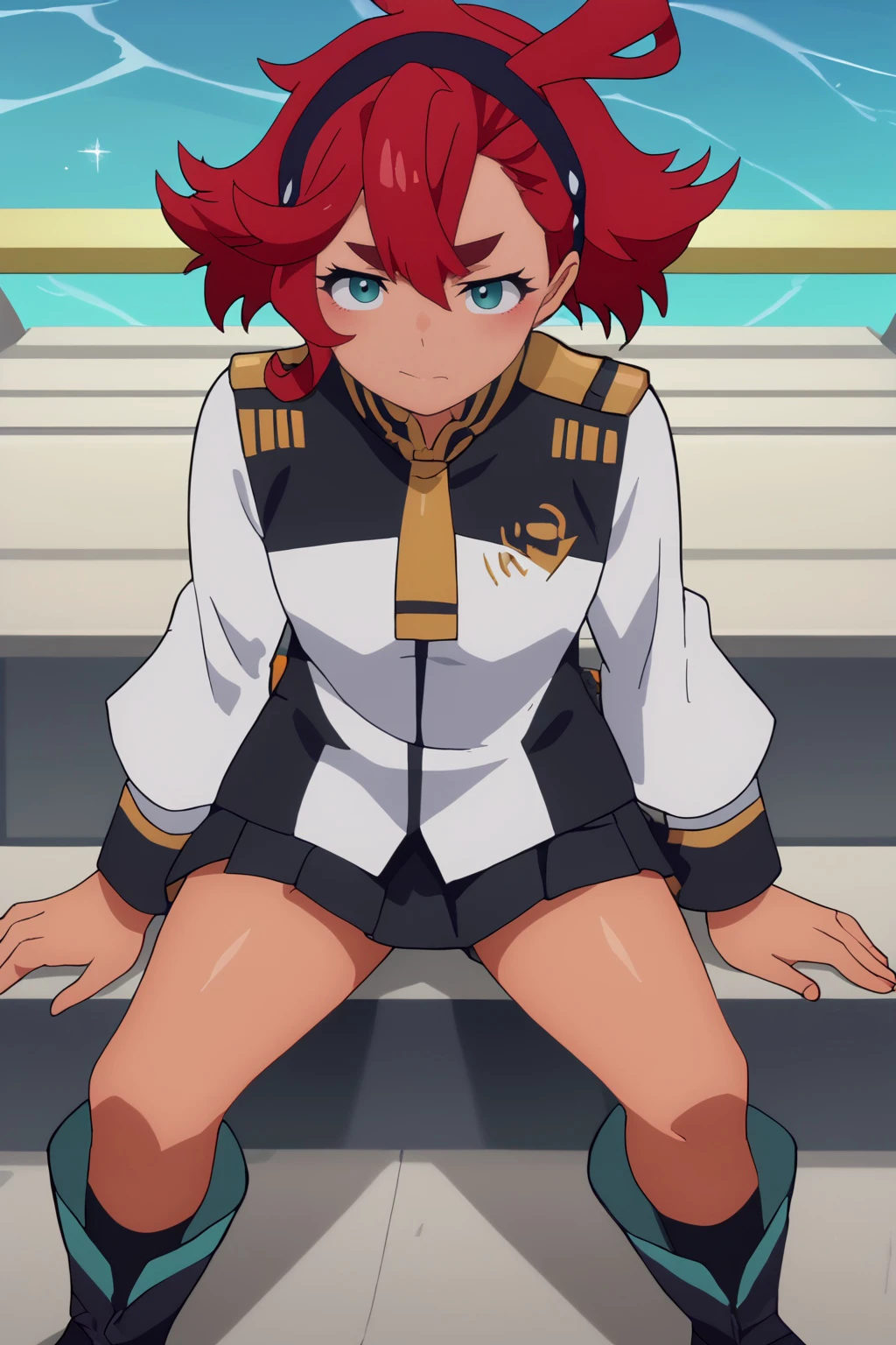 score_8_up, anime screencap, flat colors, Suletta Mercury,  asticassia school uniform, boots <lora:COMMISSION_Gundam-Suletta_Mercury-PDXL:1>