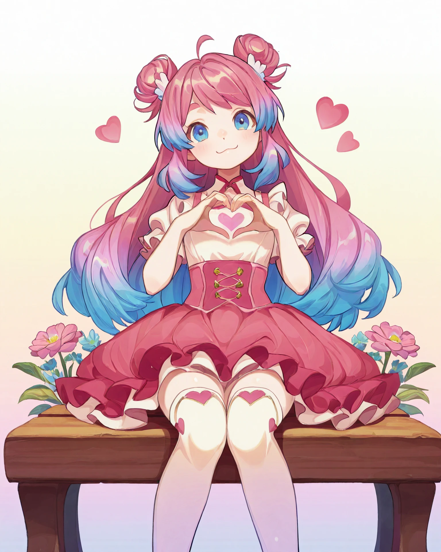 1girl, magal, blue and pink gradient hair, (heart hands:1.1), hands raised, head tilt, sitting, :3, pretty bench, flowers, very detailed clothing, magal clothing, knee-high socks, gradient background, jacquard fabric, masterpiece, highest quality, absurdres, digital art, very detailed, <lora:MagicalGirl_Illustrious:1.1>, <lora:Midnight1111_H34RTBL00M:1> h34rtbl00m