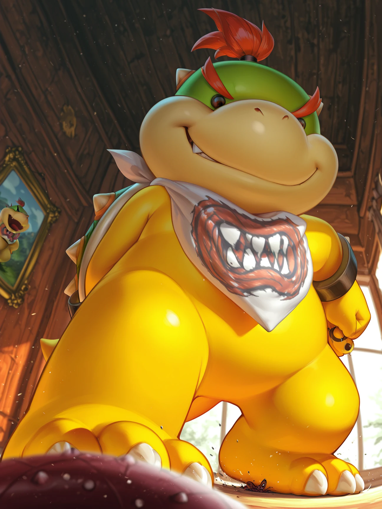 <lora:BowserJrIllustrious-000060:1> BowserJr, shelled, kerchief, bandana, spiked shell, scalie, (dot eyes), koopa, 3 toes BREAK
low-angle view, worm's-eye view, stomping, action pose, laughing, BREAK on a bedroom, sleepwear , BREAK
<lora:spo_sdxl_10ep_4k-data_lora_webui:1> photorealistic detail, detailed face, detailed eyes, detailed hair, depth of field, cinematic lighting, masterpiece, best quality, very aesthetic, absurdres, highly detailed, high resolution, highres, high detail, detailed background, outstanding, detailed, high resolution, 8K, perfect hands, highres, highres, 4k, 2k, high detail, amazing quality, very aesthetic, absurdres, newest, scenery, ultra-detailed, newest, scenery, painting, artstation,âââ (cinematic shadows), zPDXL3âââ