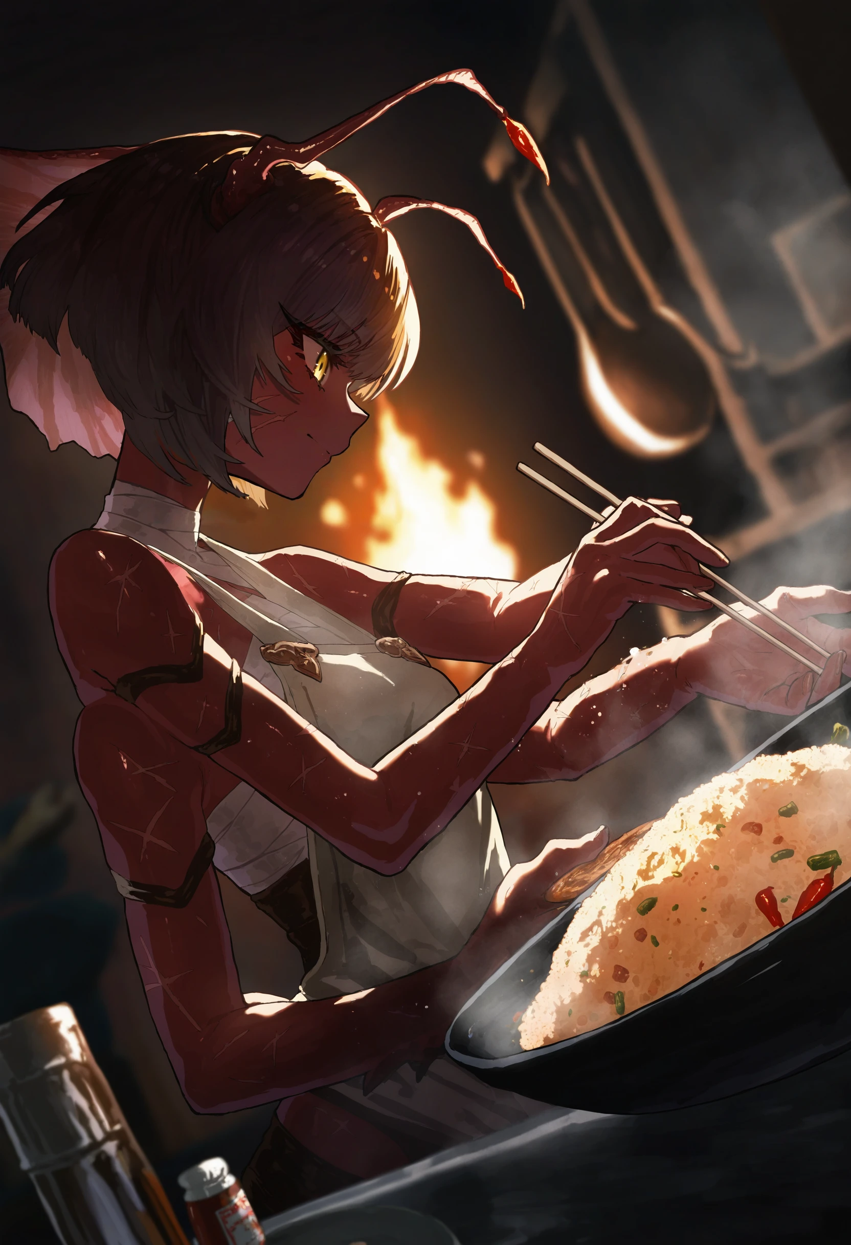 by [ekrea jan|diyokama|say hana|yoneyama mai], granblue fantasy,
original, 1girl, monster girl, antennae, arthropod girl, shrimp girl, red skin, long eyelashes, yellow eyes, carapace, short hair, loose hair strand, upper body, extra arms, kitchen, salt shaker, chili pepper, egg, fried rice, wok, wok hey, salt bae \(meme\), fire, steam, cooking, holding chopsticks, indoors, dark, backlighting, dutch angle,
from side, multiple scars, bandages,
depth of field,
masterpiece, best quality, very awa, absurdres
<lora:noobai_vpred_1_monster_girl_v1:1>