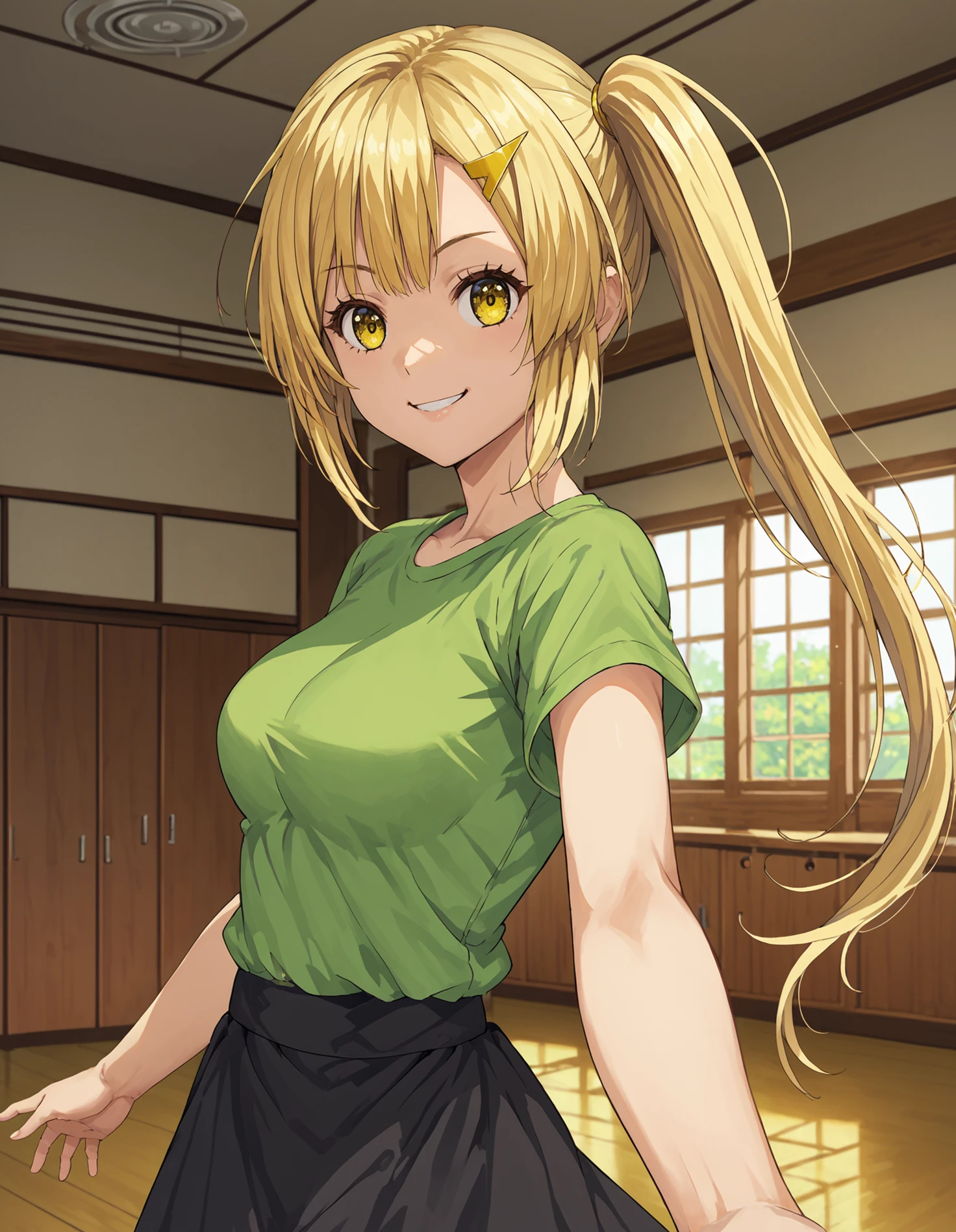 score_9, score_8_up, source_anime, 1girl, upper body, medium shot, detailed, mgrchazukiyusa, blonde hair, ponytail, yellow eyes, yellow hairpin, green t-shirt, black skirt, dynamic pose, hand outstretched, indoors, room, smiling, (side view:0.8), <lora:mgrchazukiyusa_XL:0.85>