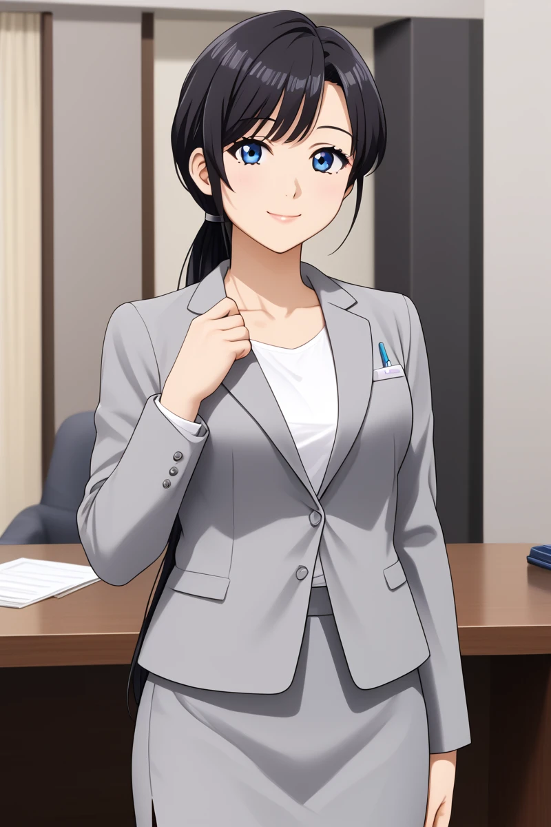 ameku mazuru, 1girl, solo, long hair, looking at viewer, smile, bangs, blue eyes, skirt,hotel lobby, shirt, black hair, long sleeves, jewelry, closed mouth, standing, jacket, cowboy shot, white shirt, low ponytail, miniskirt, formal, suit,  grey skirt, pencil skirt, grey jacket, office lady, skirt suit, large breast, collarbone,  <lora:HandFixer_pdxl_Incrs_v1:1> make up, <lora:Ameku_Mazuru_ATSK_Pony:1> young-adult, bare thigh, anime coloring, long hair, big eyes, kishida mel,