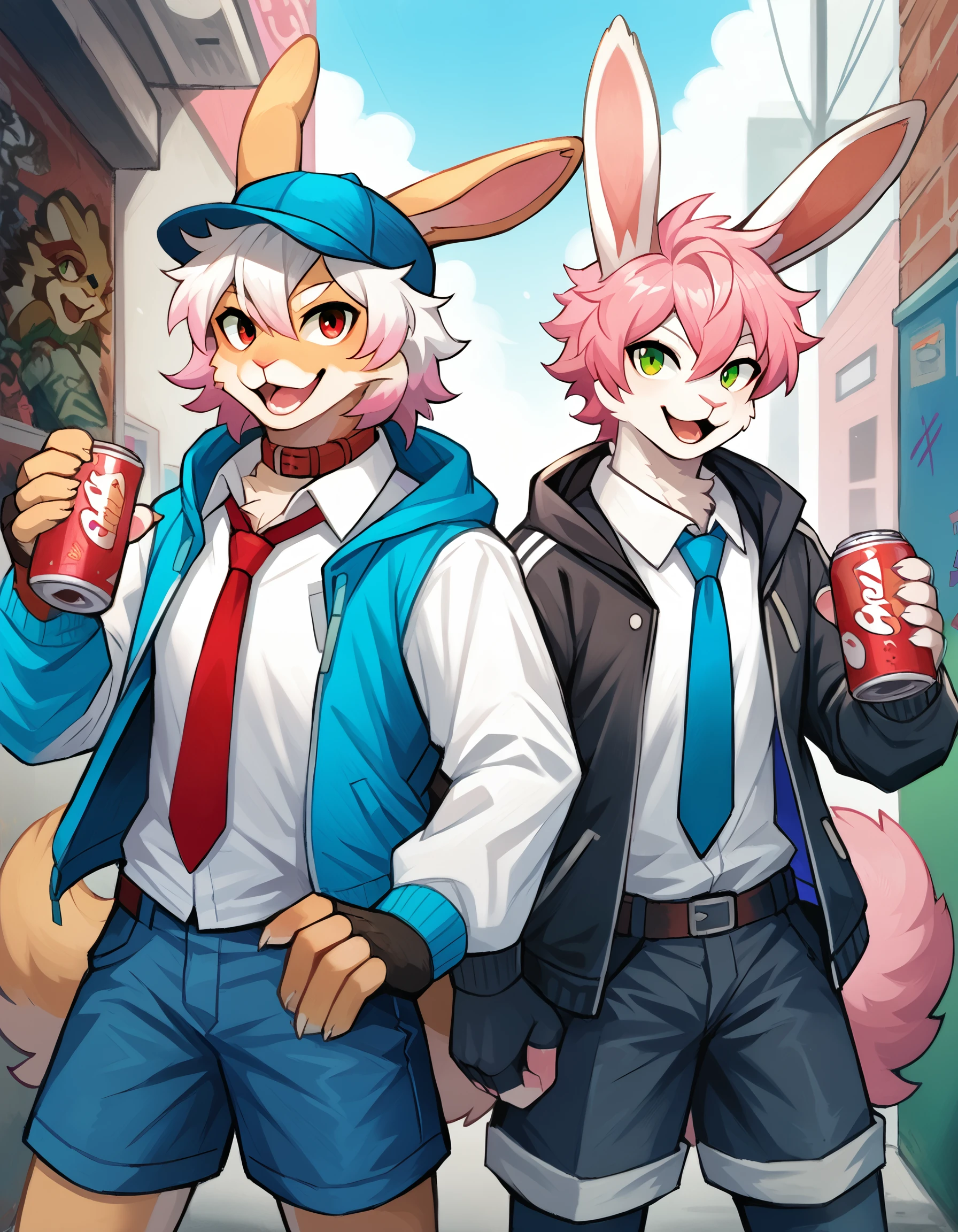 score_9, score_8_up, score_7_up, high quality, hires, by plive, furry, anthro, seductive, looking at viewer, detailed background, <lora:Plive_Artist_Style.safetensors:1.2>, (close up, anthro, mammal, duo, graffiti, clothing, pink hair, furry, furry male, 2boys, animal ears, holding, tail, rabbit, lagomorph, male, fur, leporid, looking at viewer, hair, multiple boys, necktie, shorts, headwear, holding can, headgear, red eyes, rabbit ears, smile, bottomwear, hat, jacket, green eyes, open mouth, collar, can, young, male focus, fingerless gloves, gloves, shirt, pants, rabbit boy, spray can, white shirt, white hair, long sleeves, collared shirt, blue pants, dog boy, holding bottle)