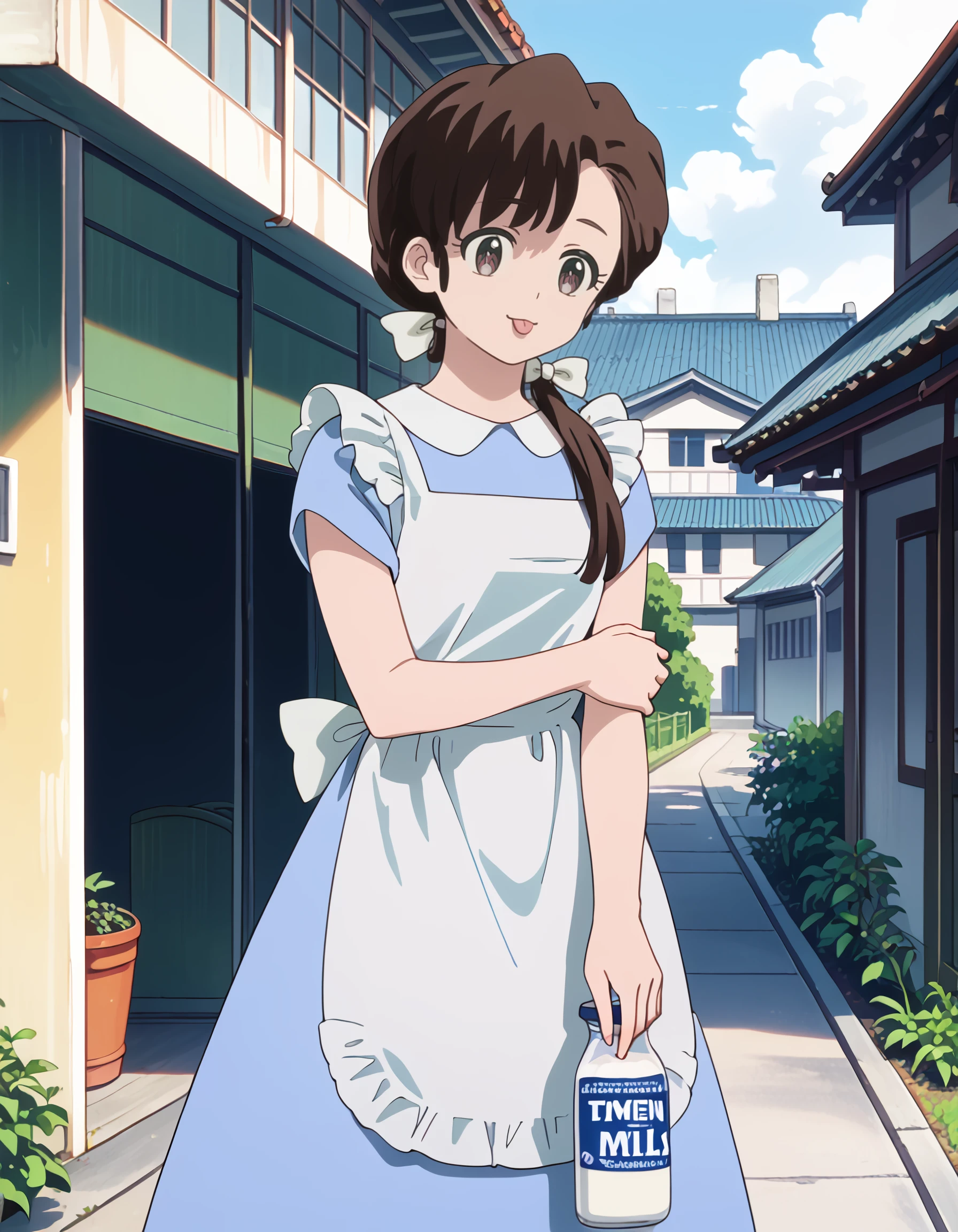 <lora:kasumi_tendou_pony:1> score_9, score_8_up, score_7_up, source_anime, rating:safe, kasumi_tendou, long_hair, brown_hair, ponytail, low_ponytail, white_bow, hair_bow, brown_eyes, short_sleeves, blue_dress, white_apron, 1girl, :q, architecture, bottle, building, east_asian_architecture, extra_ears, full_body, milk_bottle, outdoors, photo_background, smile, solo, tiger_print, tongue, tongue_out, (tsuruse:0.8, nori_tamago:0.8), masterpiece, detailed, best_quality