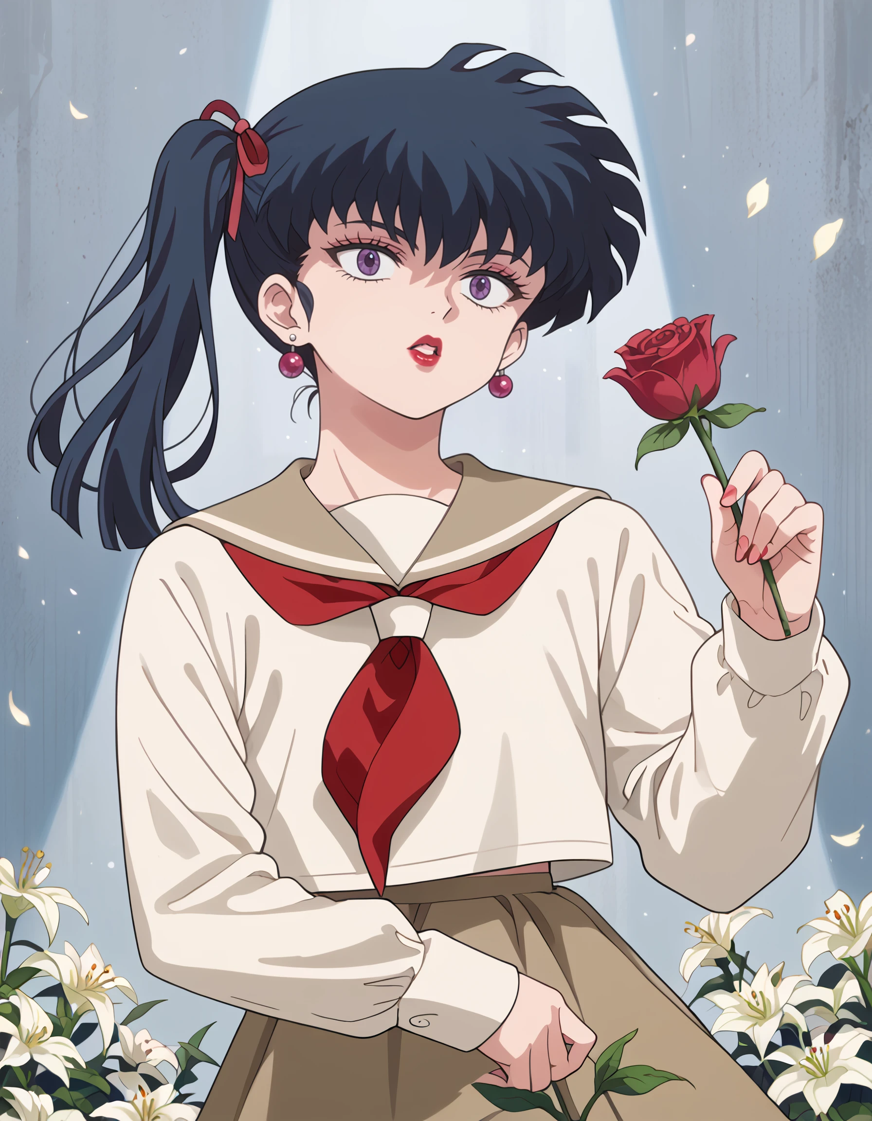 <lora:kodachi_kunou_pony:1> score_9, score_8_up, score_7_up, source_anime, rating:safe, kodachi_kunou, long_hair, black_hair, side_ponytail, hair_ribbon, purple_eyes, makeup, lipstick, red_lips, school_uniform, , white_shirt, brown_skirt, long_sleeves, red_neckerchief, 1girl, beads, blunt_ends, bob_cut, cowboy_shot, earrings, expressionless, eyelashes, flower, grey_background, holding, holding_flower, jewelry, light_particles, lips, parted_lips, petals, pink_lips, red_flower, red_rose, rose, solo, sphere_earrings, spider_lily, teeth, white_flower,, dark, shadow, spotlight, (1990s_\(style\), masterpiece, detailed, best_quality