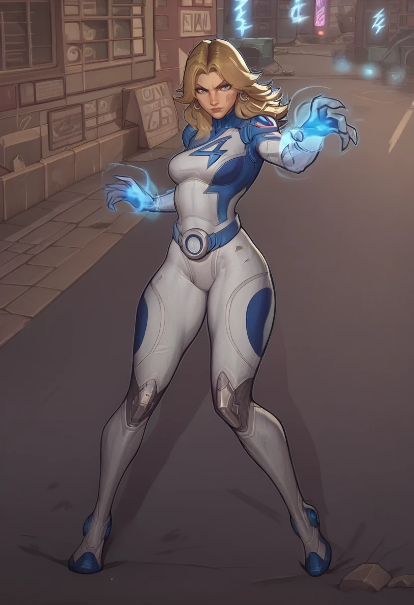 score_9, score_8_up, score_7_up, score_6_up, expressiveh, invisiblewoman_rivals, 1girl, solo, full body, blonde hair, long hair, eyeliner, blue eyes, earrings, bodysuit, white bodysuit, white clothes, gloves, belt, boots, blue details, looking at viewer, action pose, dynamic pose, glowing hands, blue energy, dynamic, white outline, detailed background, city streets, battle on city, rubble, destroyed city, urban, fierce <lora:AsuraLycoXL:1> <lora:Invisible_Woman_Marvel_Rivals_-_PonyXL:0.7>
