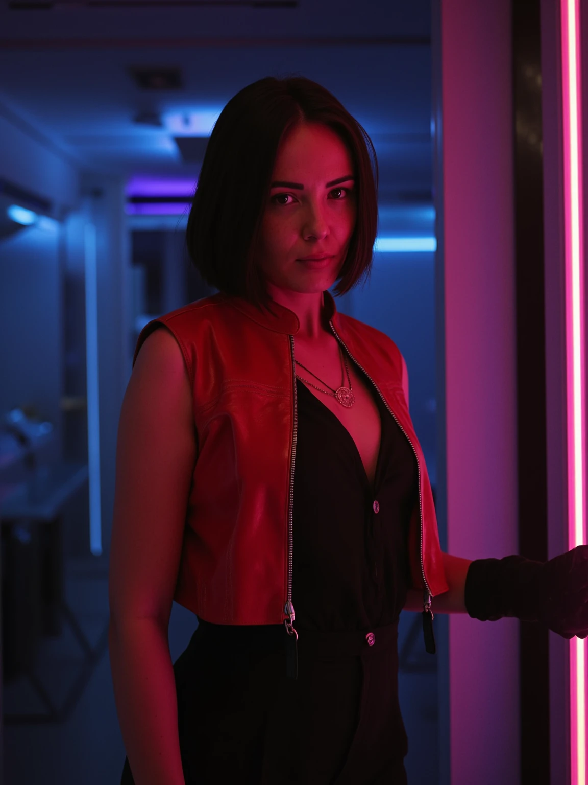 <lora:Agathe-Auproux_flux1Dev_LOREVER:1>
Photography of AgatheAuproux a woman wearing a leather red sleeveless chort cropped jacket, over a black jumpsuit in cyberpunk style.  In a dark spaceship scenery, lighted by only one neon, creating dark and sharp shadows. Perfect contrasts, perfect exposure.