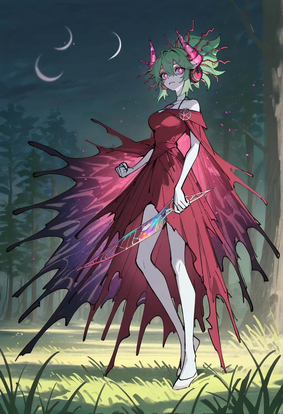 masterpiece,absurdres,best quality,very aesthetic,newest,female,solo,skinny,hot pink hair,Messy Bun with Floral Hair Comb,Red and Brown,parted bangs,medium breasts,purple eyes,looking at another,bloodshot eyes,x-shaped_pupils}tan skin,dusty lavender off-the-shoulder dress with white espadrilles,corsage,no tail,long pointy ears,no horns,Canine Teeth,pained,from side,holding, weapon,full body,Lush Grassland with a Herd of Wild Horses Running Freely,Fading glowing symbols, <lora:FateSamurai_Style:0.6>, faturaistyle,sketch,flat colors,painted.
