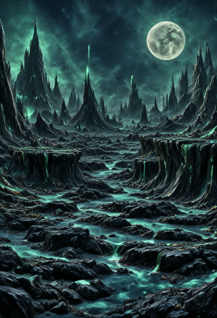 A beautiful landscape at night on an alien world, dramatic lighting, large moon in the sky, jade rocks, waterfalls, deep crevices, uhd, ultra-detailed, photography, f/8 photo, monoprone, nmskyrim