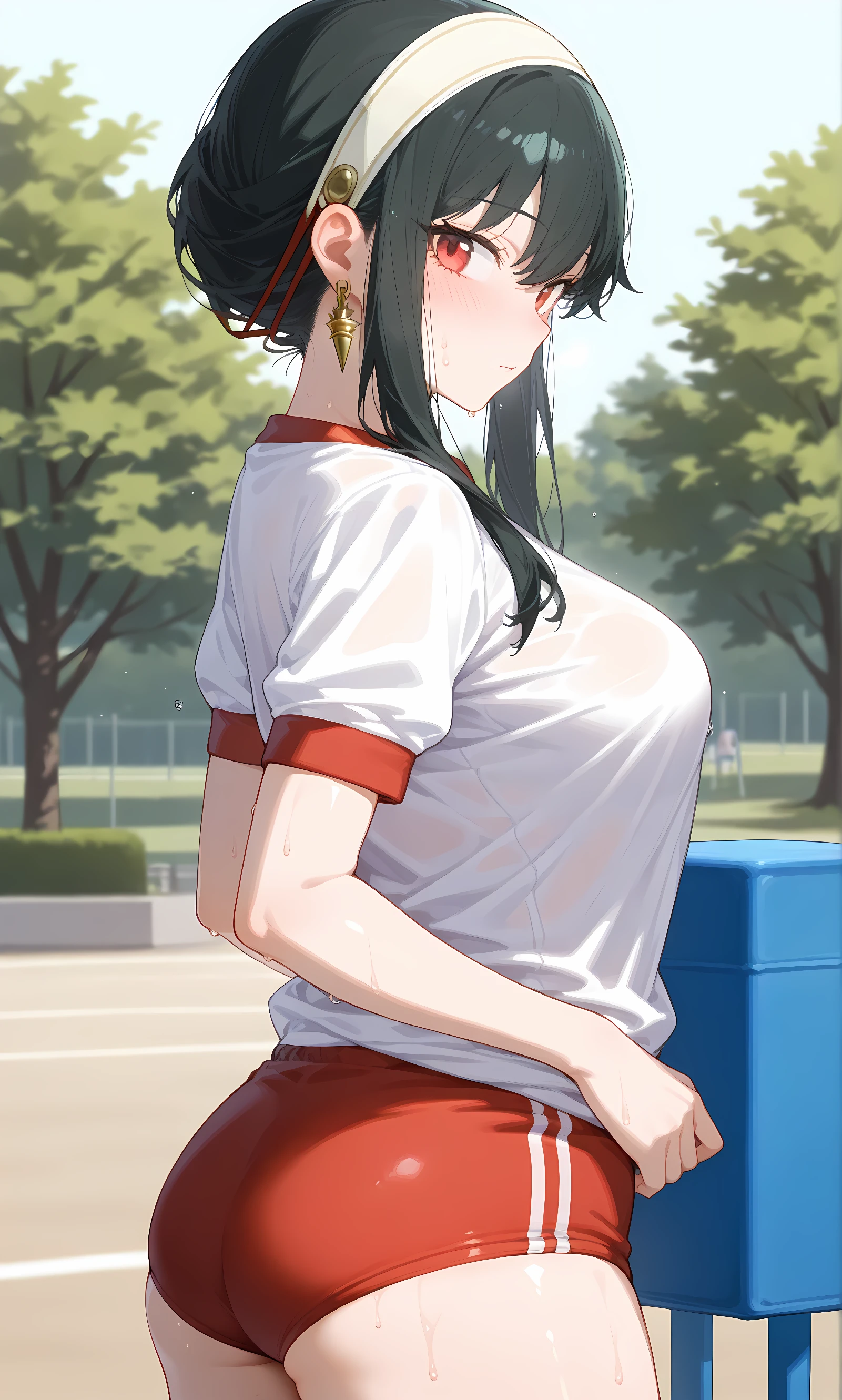 score_9, score_8_up, score_7_up, source_anime, 1girl, solo, outdoors, park cowboy shot, looking at viewer, shiny skin, close-up, white shirt, short sleeves, gym uniform, buruma, sweat, from side, yor briar, red eyes, black hair, short hair with long locks, sidelocks, gold earrings, white hairband