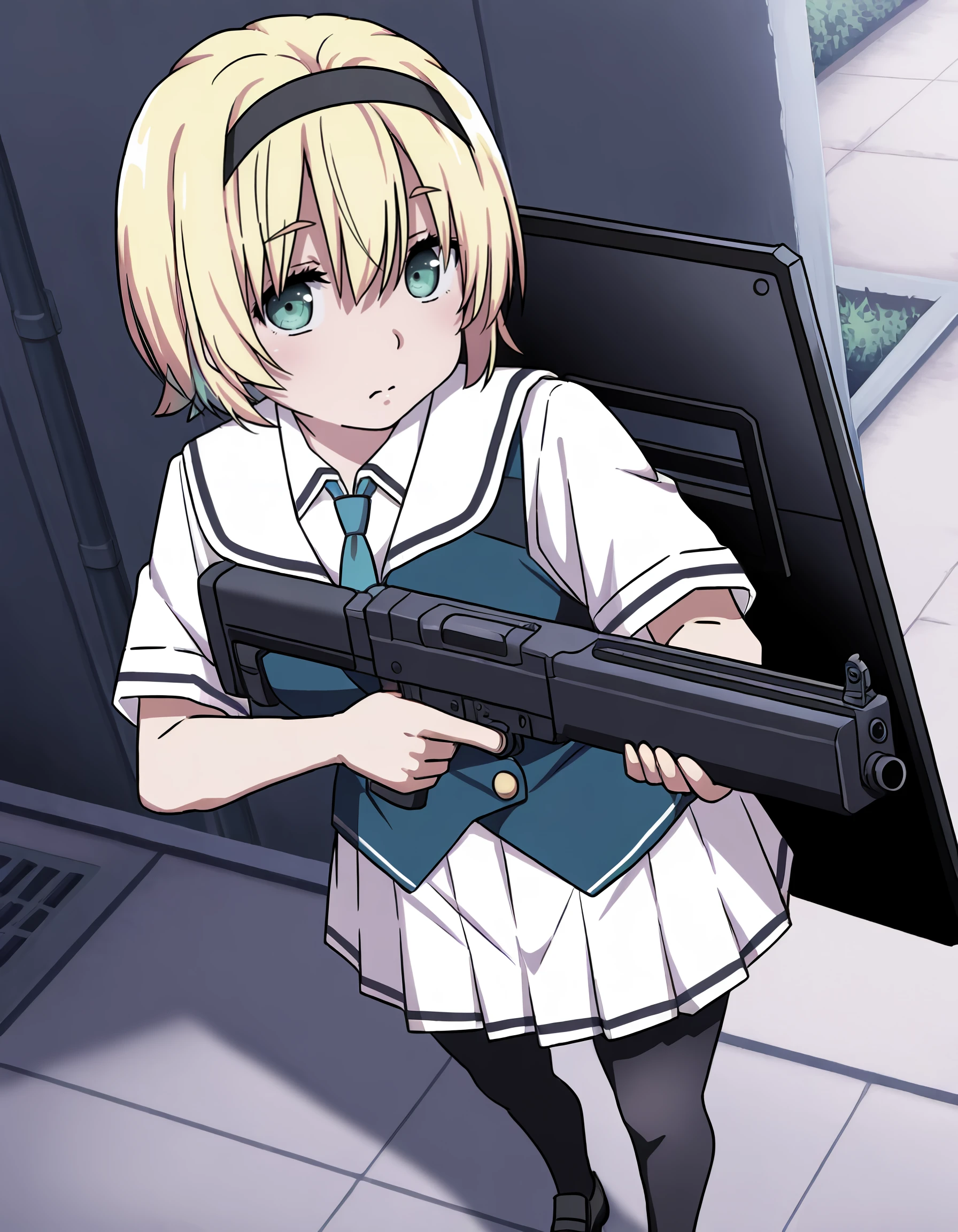 <lora:sakurako_kujirase_IL:1> rating:safe, sakurako_kujirase, short_hair, hairband, blonde_hair, hair_between_eyes, green_eyes, aqua_eyes, school_uniform, collared_shirt, white_shirt, blue_necktie, vest, short_sleeves, pleated_skirt, white_skirt, black_pantyhose, black_footwear, 1girl, ballistic_shield, closed_mouth, gun, holding, holding_gun, holding_weapon, looking_at_viewer, pixel_art, shield, solo, upper_body, weapon (tsuruse:0.8, nori_tamago:0.8), masterpiece, detailed, best_quality