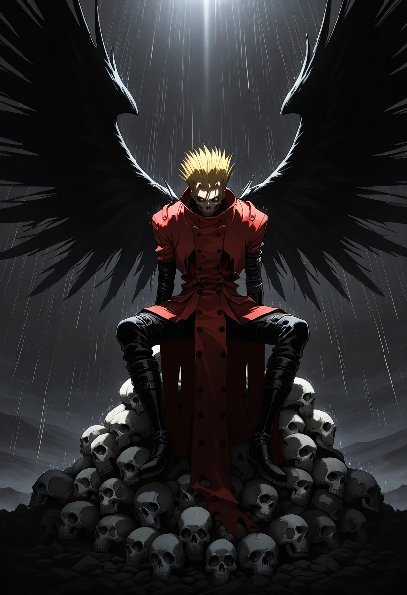 (attentive:1.2), masterpiece,best quality,amazing quality,very aesthetic,absurdres,newest,<lora:dark:1>, <lora:Vash_the_Stampede_Trigun:1>, solo, 1boy, mature_male, vash, yellow hair, red cape, evil, black wings, deep glow effect,dramatic lighting,light particles,dark theme, front view, negative space, looking away, sitting on a pile of skulls, (skulls:1.5) on the ground from a pile of skulls, desert from a pile of skulls, moody sky, intricate gray sky, dim lighting, rain, dark fantasy,