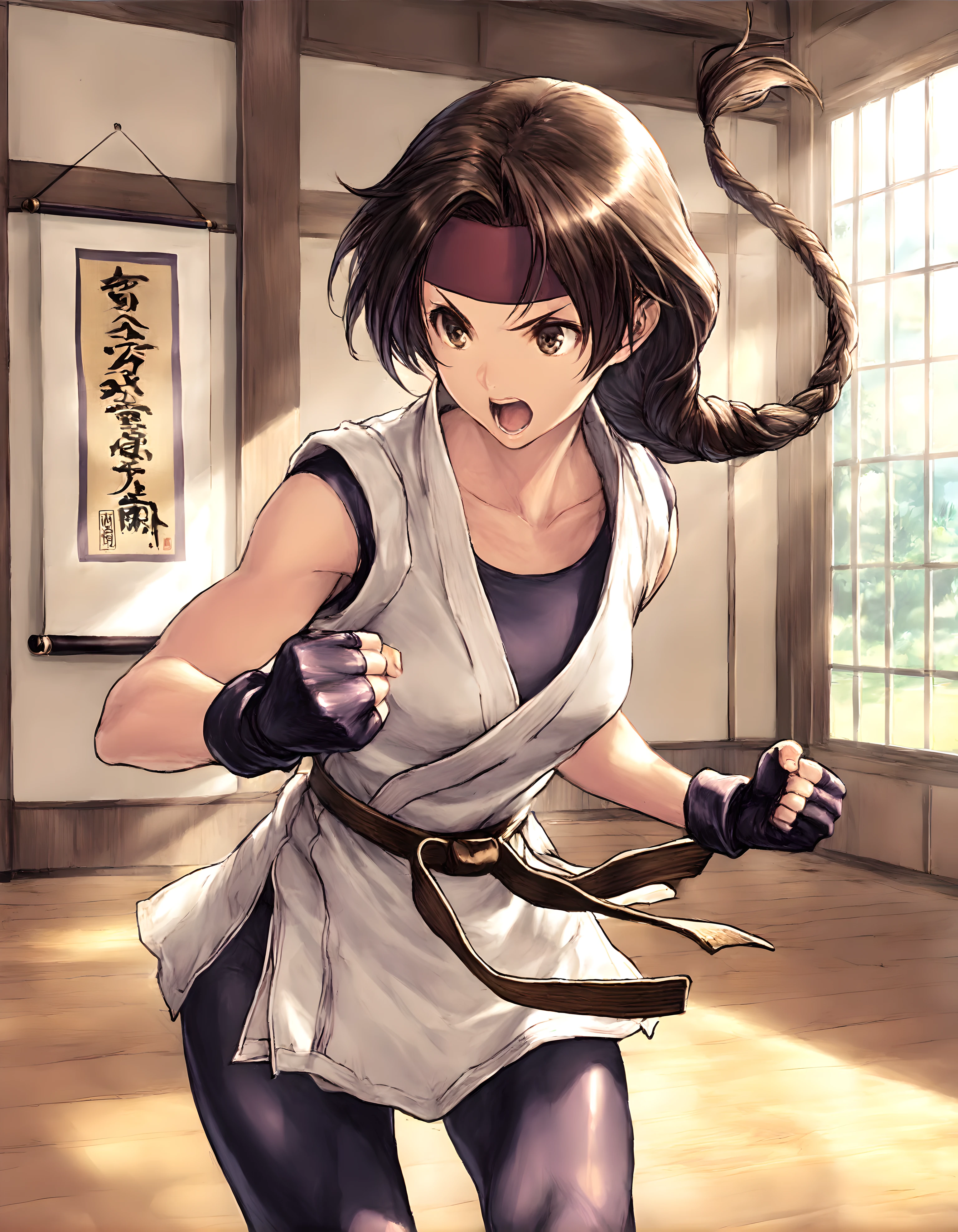 masterpiece,best quality, unreal engine, ultra res, extremely detailed,
1girl, big breasts,  waist , (muscular:0.9) ,slender,
YURIMS,
headband,Face full of scars、Skin shiny with sweat、 injured scared girl、 crying wet bursting out eyes, real tears streaming down face, ultra-detailed eyes,bandaid on face,covered with mud,expression of despair,Illumination that emphasizes shiny sweat{{{Spread }}},(crotch rope walking:1.0)
braided ponytail, long hair,brown hair, brown eyes,
GLOVES, FINGERLESS GLOVES,
(dougi,spandex,leggins:1.1)
shoes,
hews style CSR STYLE
round breasts,medium breasts,
dojo, karate pose,