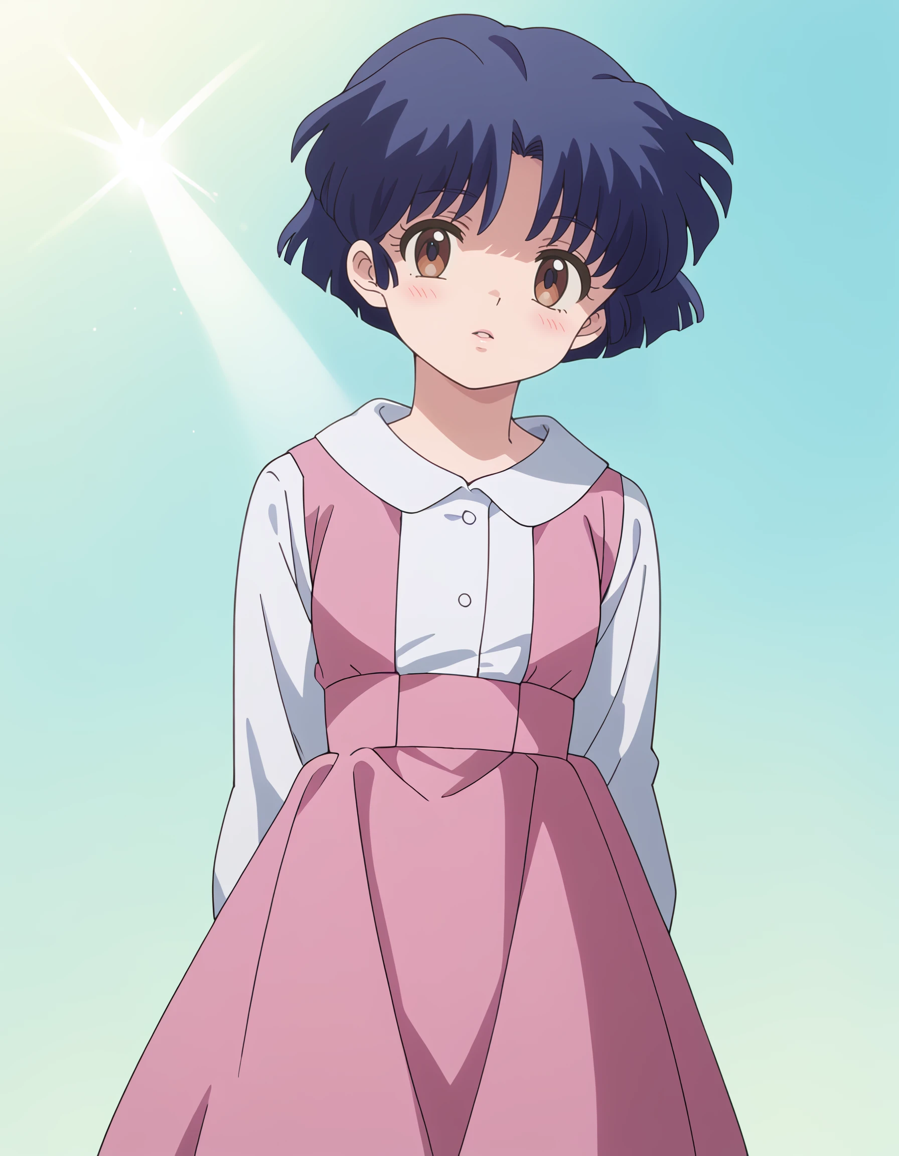 <lora:akane_tendou_pony:1> score_9, score_8_up, score_7_up, source_anime, rating:safe, akane_tendou, short_hair, blue_hair, brown_eyes, flat_chest, aged_down, pink_dress, white_shirt, dress_shirt, 1girl, aqua_background, arms_at_sides, blush, cowboy_shot, gradient_background, head_tilt, looking_at_viewer, neckerchief, parted_lips, pink_lips, plus_sign, solo, standing, straight-on,, dark, shadow, spotlight, (1990s_\(style\), masterpiece, detailed, best_quality