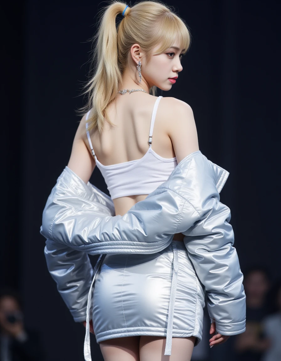 detailed photo of a young woman. from behind.  kpop girl posing sexy on stage. She has black long ponytail hair without bangs.  <lora:cw-easy-flux-000012:1> cweasy, silver jacket and skirt.   <lora:KimYeon-Flux:1> young asian girl, skinny body, long blonde hair,