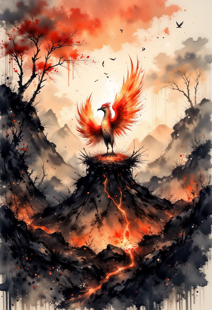 A mystical firebird with fiery wings of vibrant red, orange, and gold stands atop a nest made of glowing embers on the edge of a volcanic crater. The bird’s ink-drawn feathers flicker like flames, casting warm light across the dark, ashen ground. Streams of molten lava, rendered in glowing watercolor gradients, flow from the crater’s edges, blending into the rugged landscape. The sky above is a swirl of smoky ink clouds and deep watercolor reds, blending seamlessly with the firebird’s radiant form. In the distance, jagged mountain peaks fade into the haze, their silhouettes outlined in bold, dramatic strokes.