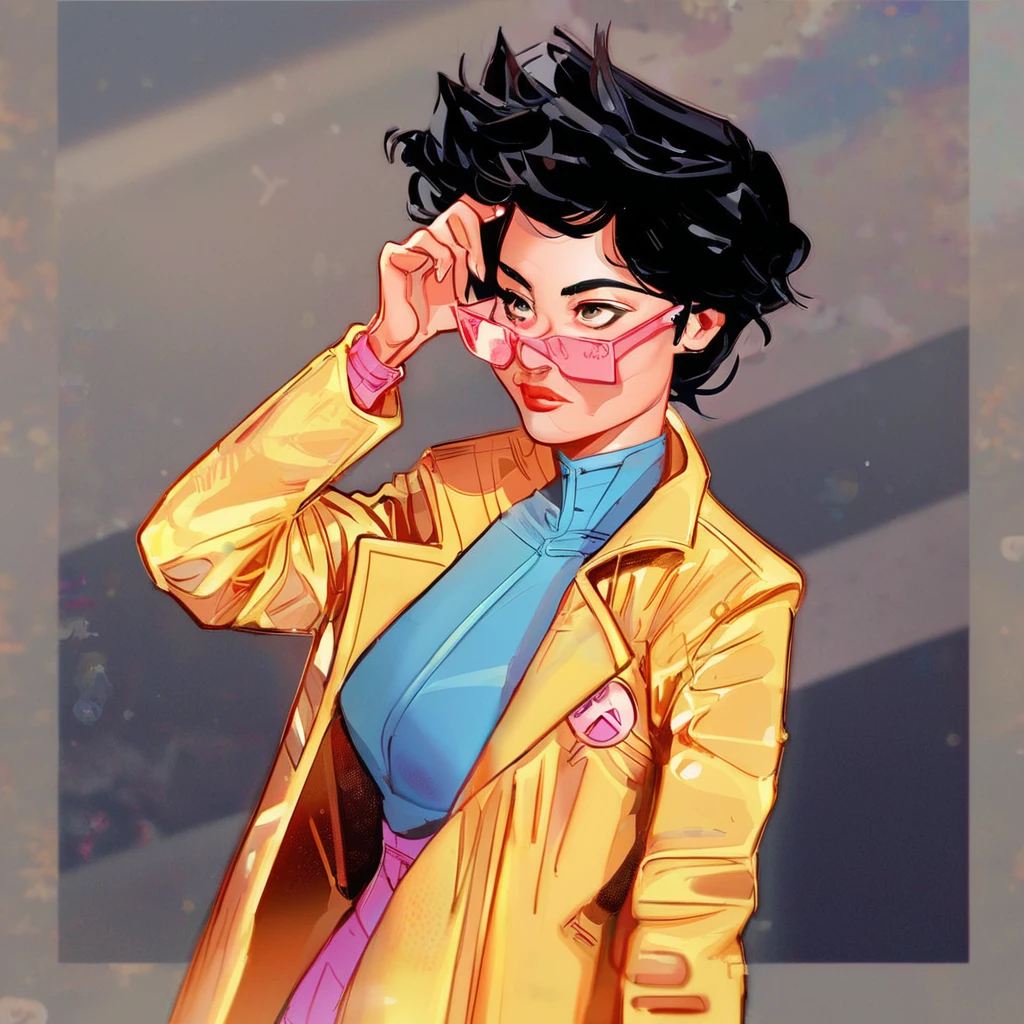 score_9, 1girl, cowboy shot, <lora:0002jubilee:0.95>, jubily , solo, black hair,yellow jacket, glasses