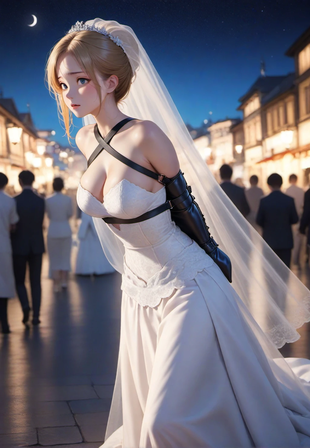 1girl,solo,armbinder,wedding_dress,walking,in town,hair_bun,blonde_hair,arms behind back.,bound,restrained,medium_breasts,cleavage,armbinder,night,moonlight, magnificent, celestial, ethereal, painterly, epic, cover art, shallow depth of field, vignette, highly detailed, masterpiece,best quality,amazing quality,