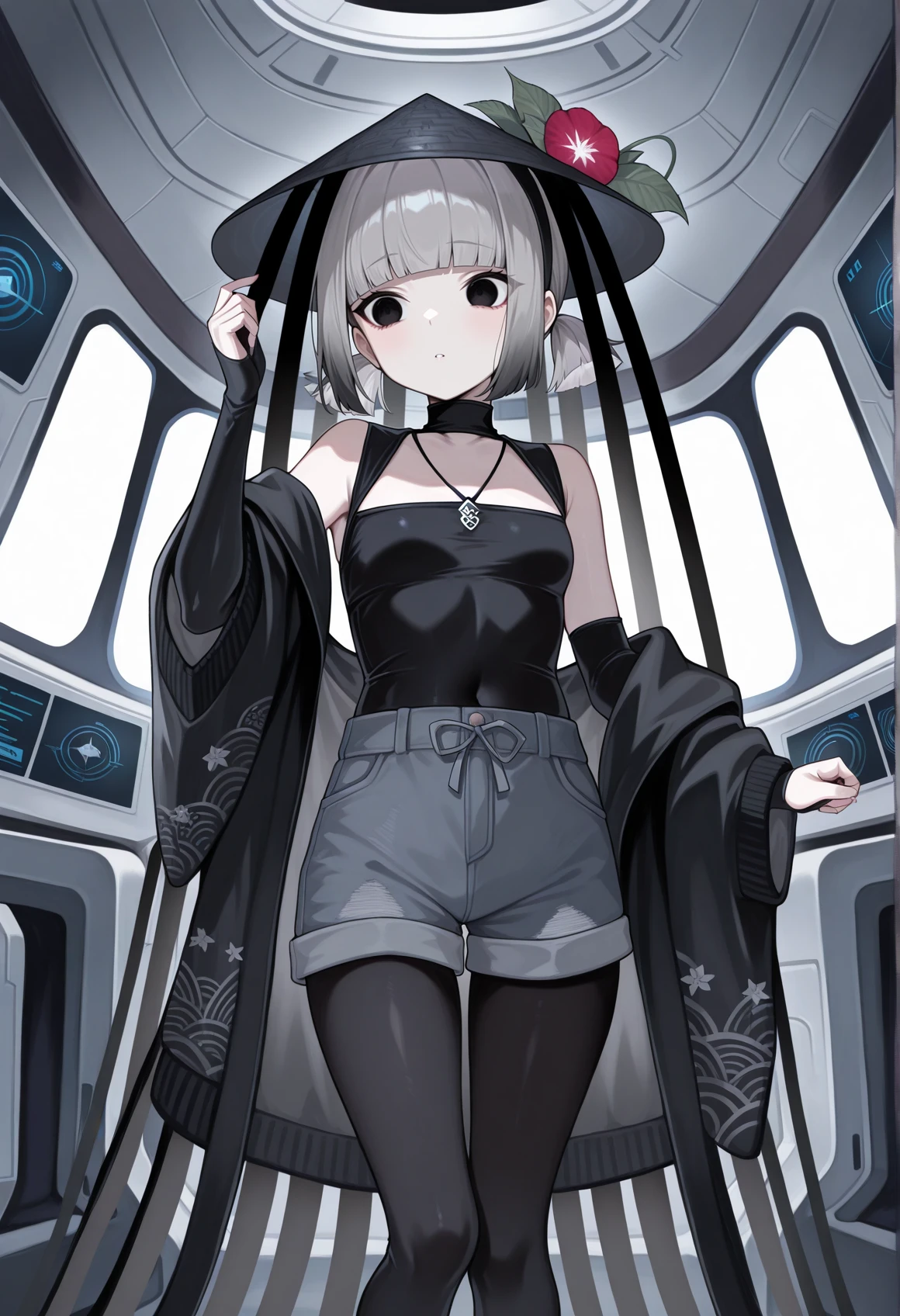 1girl, solo, indoors, spacecraft interior, pale skin, short hair, grey hair, black eyes, bob cut, low twintails, official alternate costume, bare shoulders, coat, off shoulders, shorts, pantyhose, toeless legwear, black jingasa <lora:komahime_illus:1>, masterpiece, best quality, amazing quality, very aesthetic, absurdres, highres, newest