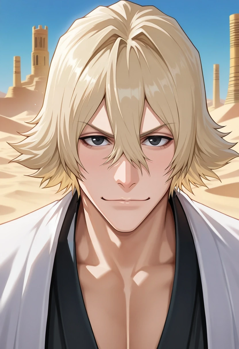 masterpiece, best quality, intricate details, (realistic:0.6), looking at viewer, 1boy, solo, male focus, <lora:kisuke_urahara_ilxl:0.9>, kisuke_urahara, blonde hair, black eyes, short hair, hair between eyes, , , desert spire, sand-carved towers, golden mosaics, radiant halls, noble pose, proud expression, midday heat,