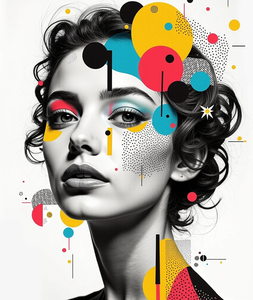 Collage_Art,Artistic Portrait with Abstract Elements and Text, Emphasizing a Serene Expression