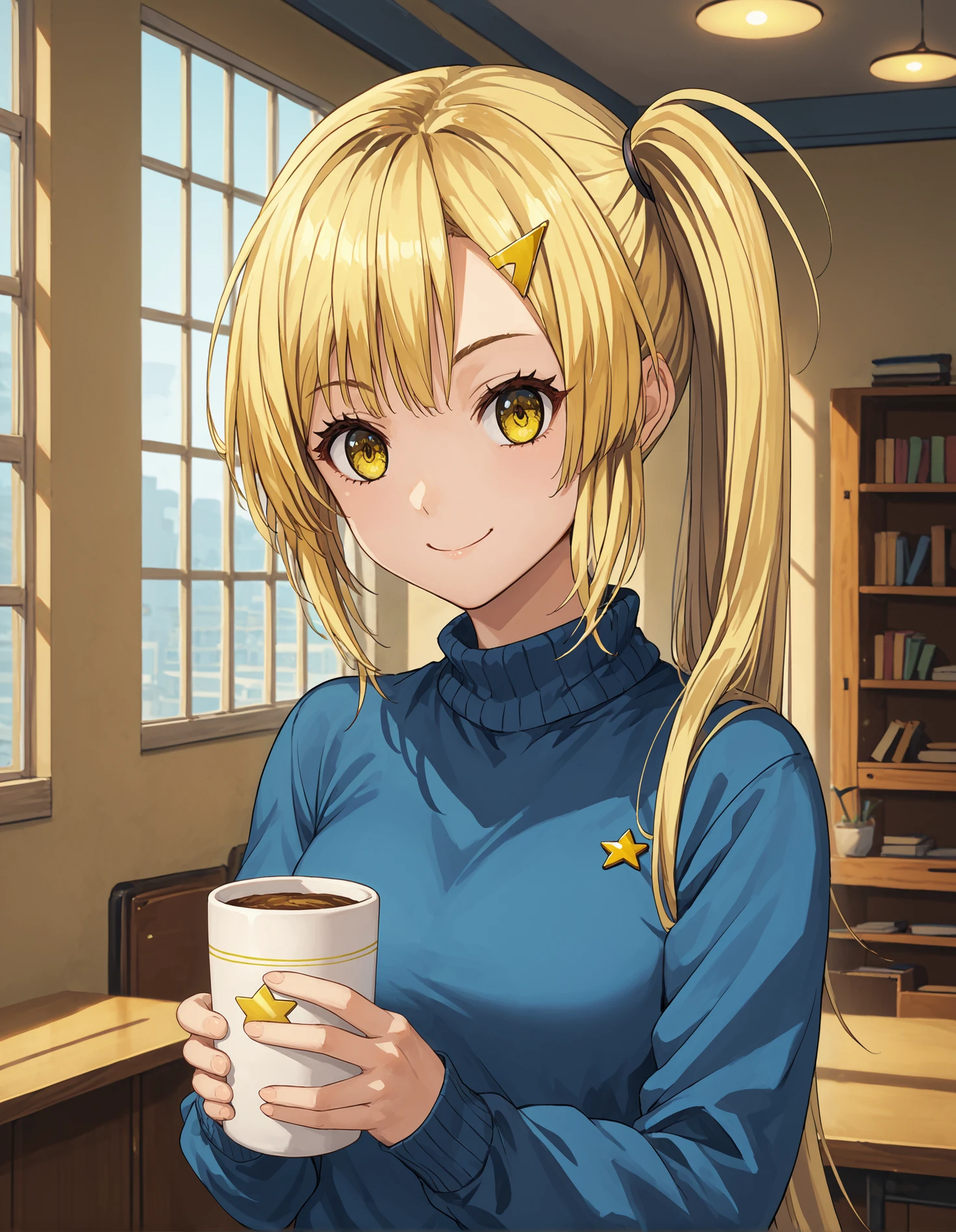 score_9, score_8_up, source_anime, 1girl, upper body, medium shot, detailed, mgrchazukiyusa, blonde hair, ponytail, yellow eyes, yellow hairpin, blue sweater, holding cup, light smile, indoors, room, window, street, (side view:0.8), <lora:mgrchazukiyusa_XL:0.85>