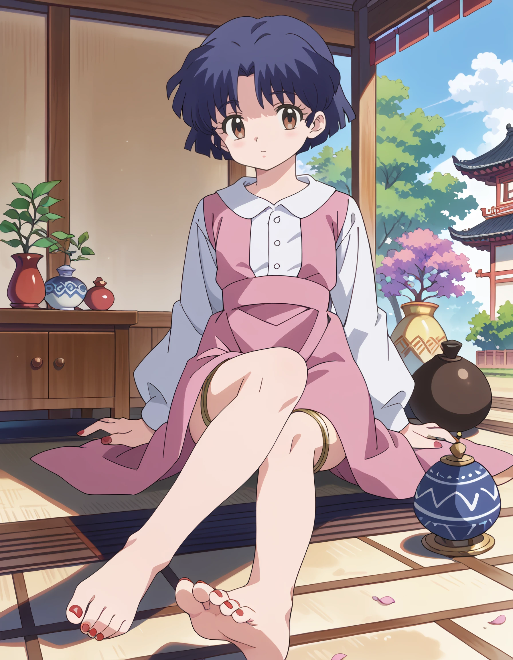 <lora:akane_tendou_pony:1> score_9, score_8_up, score_7_up, source_anime, rating:safe, akane_tendou, short_hair, blue_hair, brown_eyes, flat_chest, aged_down, pink_dress, white_shirt, dress_shirt, 1girl, architecture, barefoot, bonsai, east_asian_architecture, feet, flower, foot_focus, gourd, jewelry, nail_polish, no_panties, pelvic_curtain, petite, reclining, red_flower, red_nails, solo, thighlet, toenail_polish, toenails,, dark, shadow, spotlight, (1990s_\(style\), masterpiece, detailed, best_quality